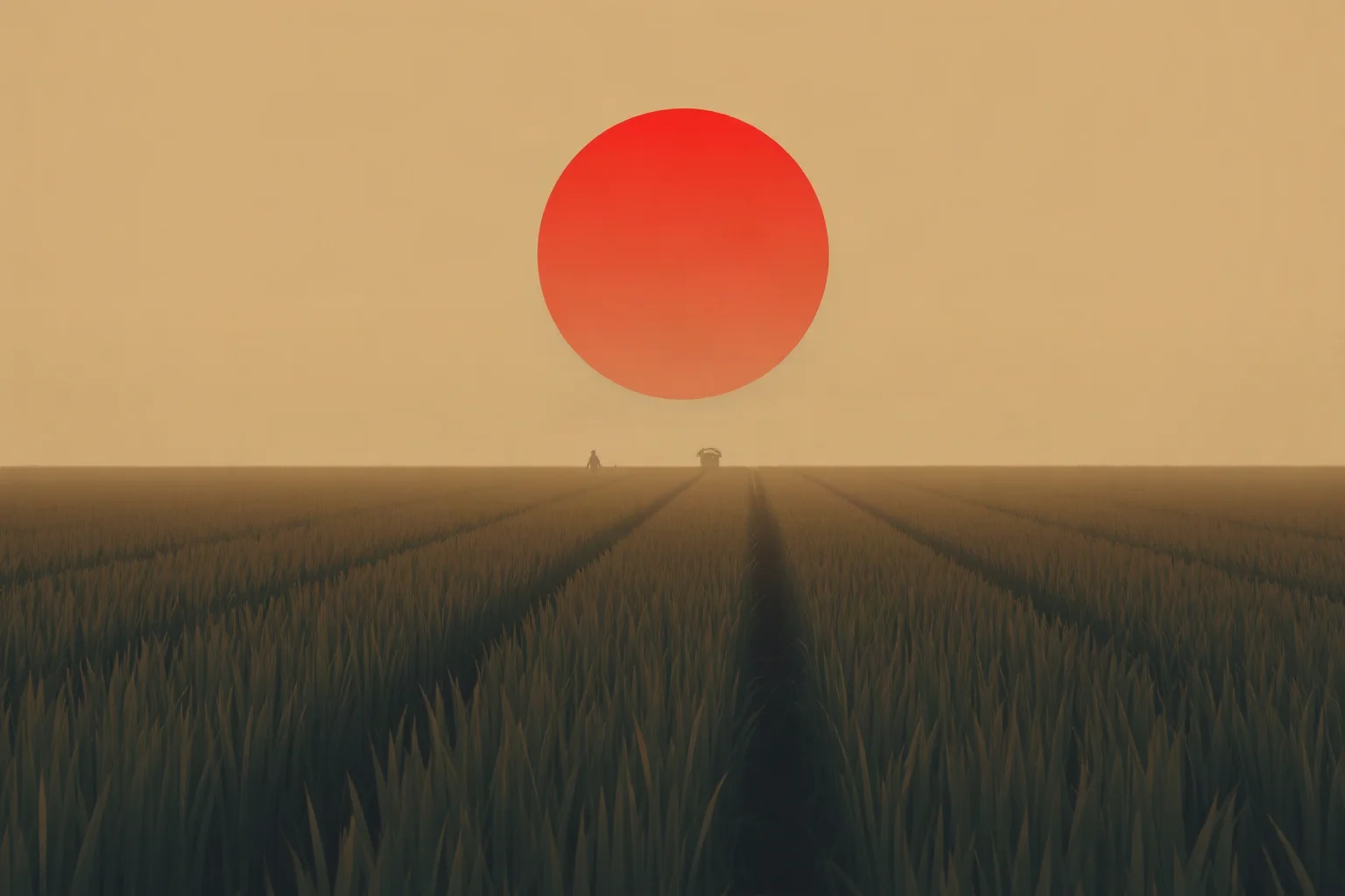 Somber illustration of an empty rice field under a red sun with distant labor camp silhouettes, muted colors