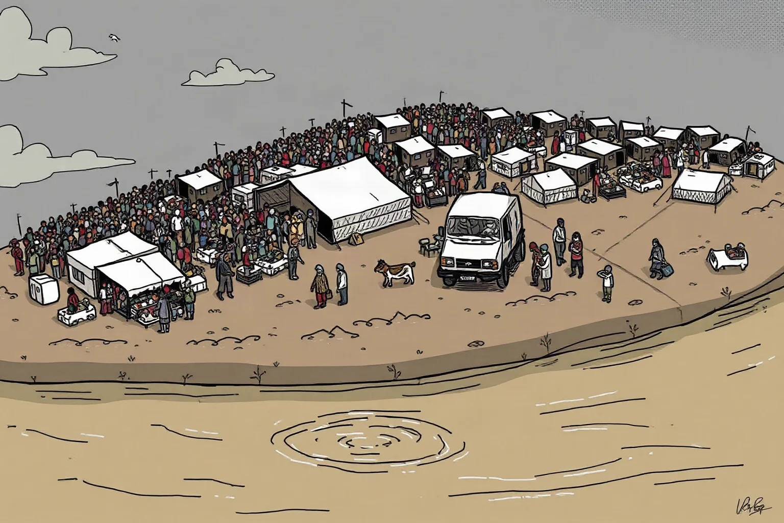 Somber illustration of an overcrowded refugee camp on a hillside above floodwaters