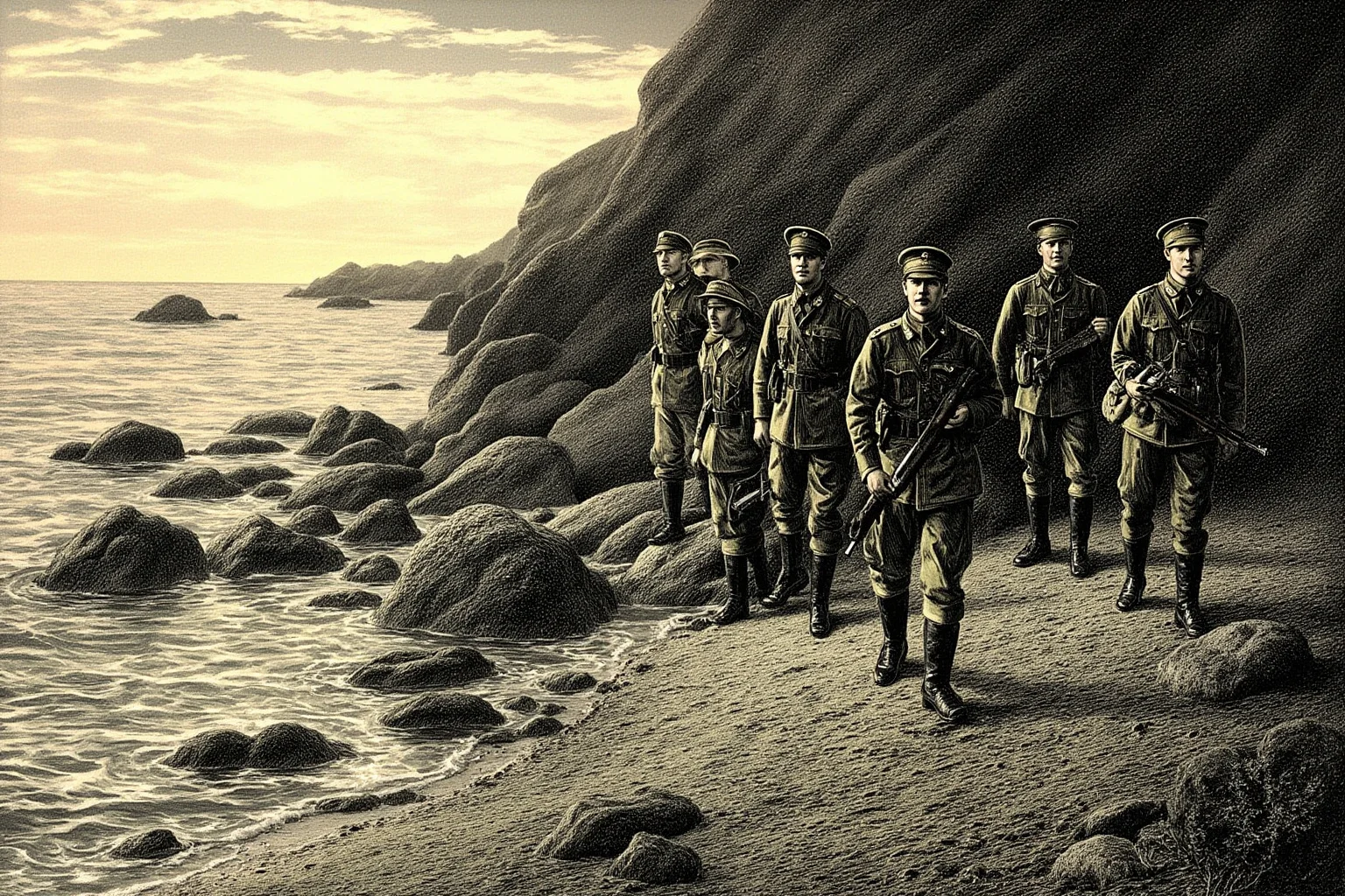 Somber illustration of soldiers landing on a rocky beach under cliffs at dawn, WWI era uniforms, no gore
