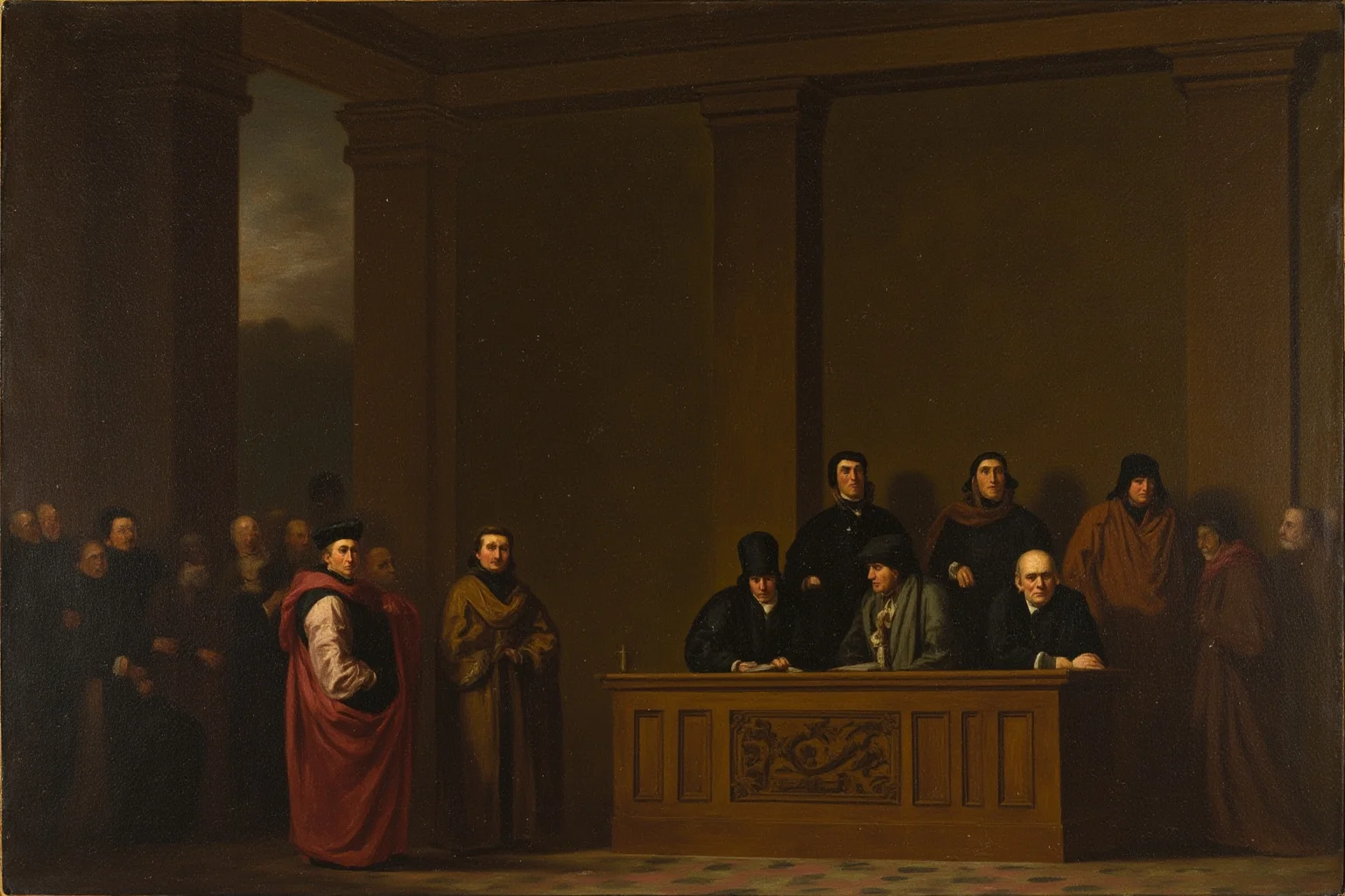 Surprising Facts About Marie Antoinette (And 10 Misconceptions) 16 Somber painterly illustration of a solemn courtroom scene with a robed tribunal, 18th-century French Revolutionary style