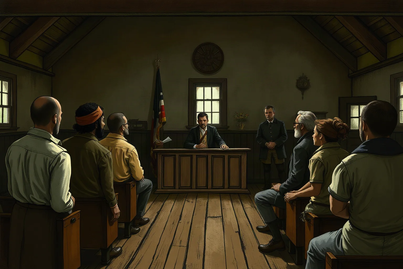 Somber painting-style illustration of a colonial-era New England village courtroom scene with tense onlookers, no identifiable real people