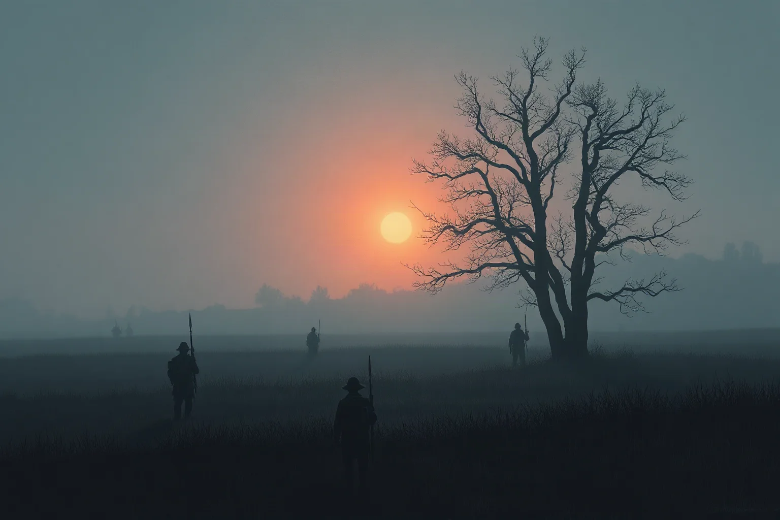 Somber wide illustration of a foggy battlefield at dawn after a massive battle, respectful and non-graphic