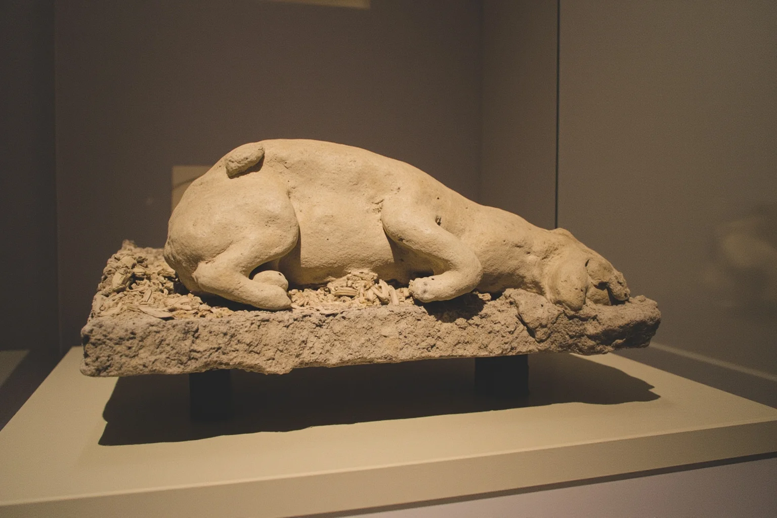 Sorrowful plaster cast of a curled dog shape preserved in ash inside a glass museum case