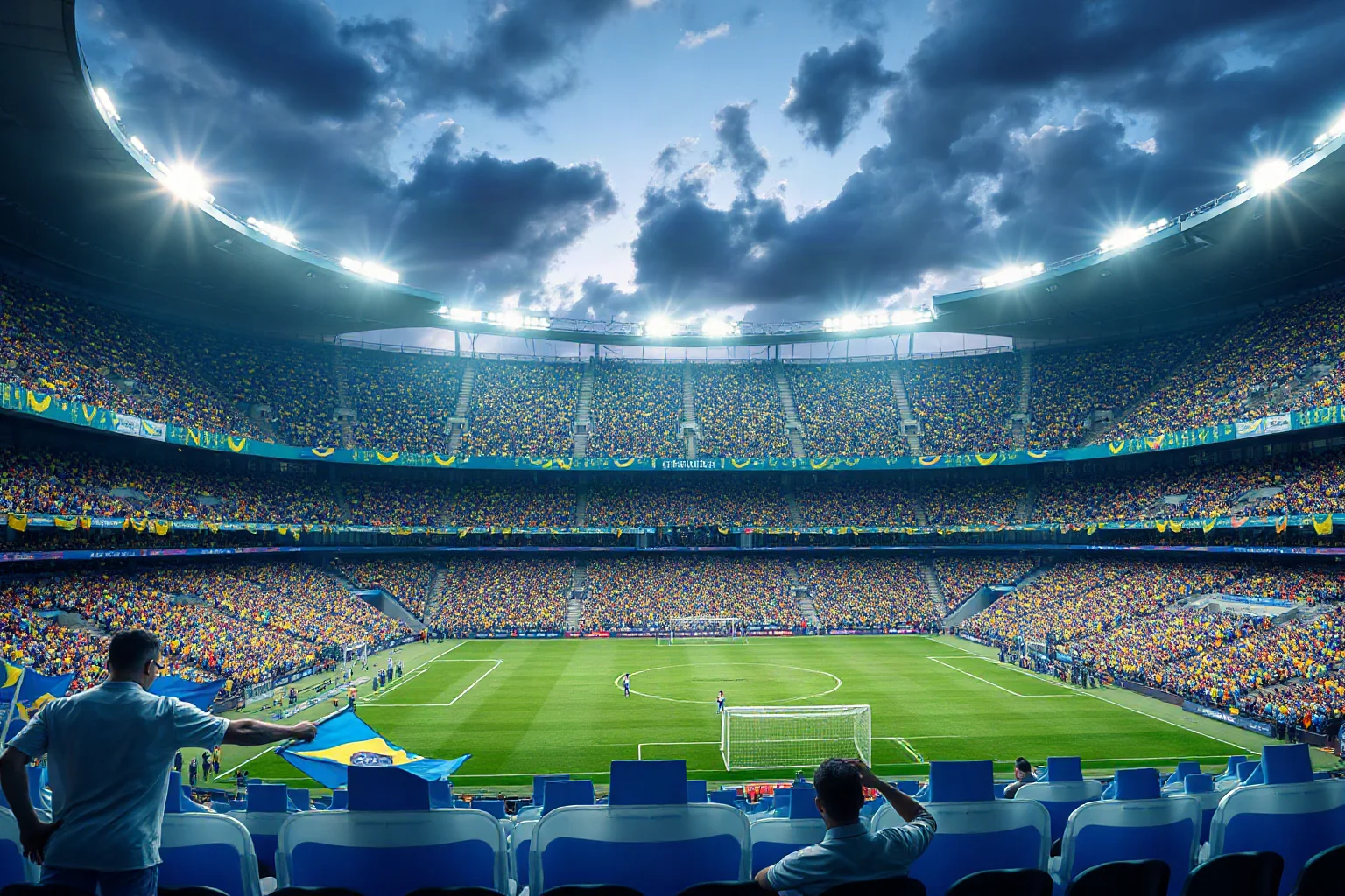 South American soccer stadium packed with blue-white and yellow-green flag colors, illustrative