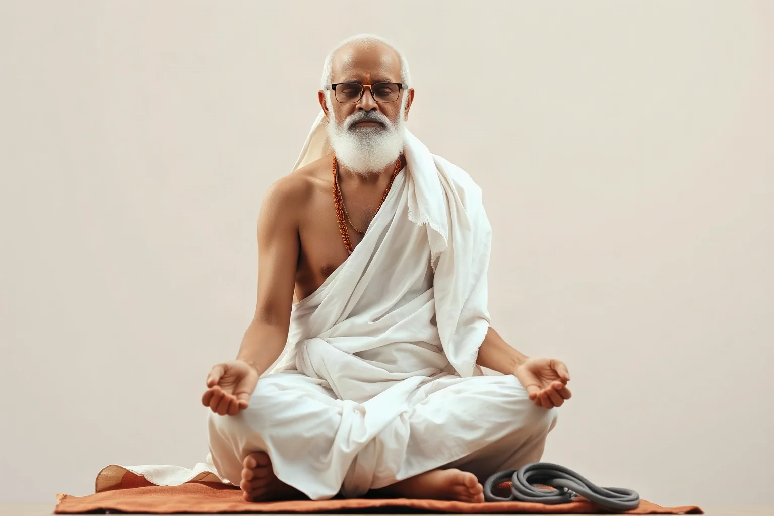 South Asian independence leader in simple white cloth garments, sitting in peaceful meditation