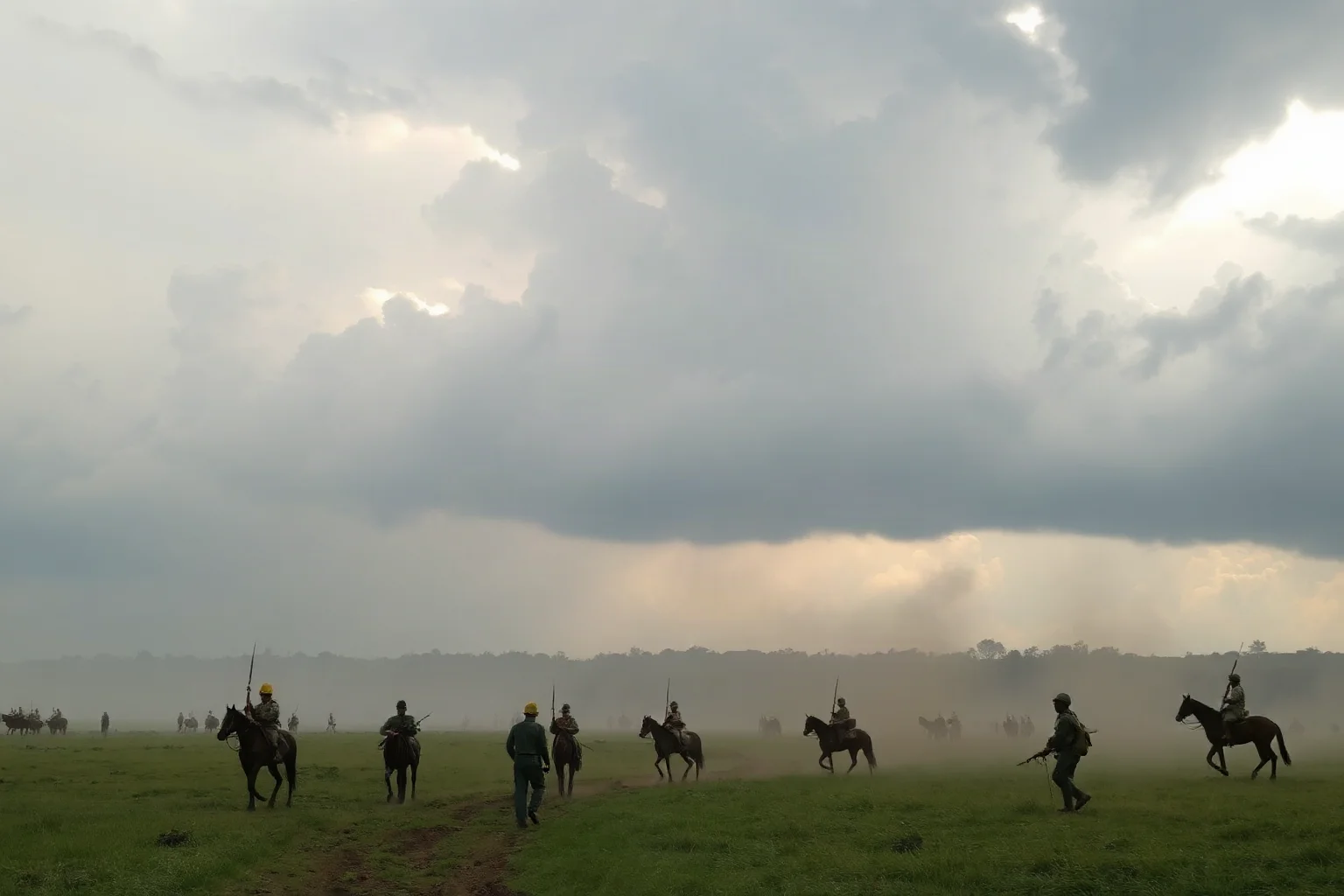 South Asian riverside battlefield scene with soldiers and monsoon clouds gathering