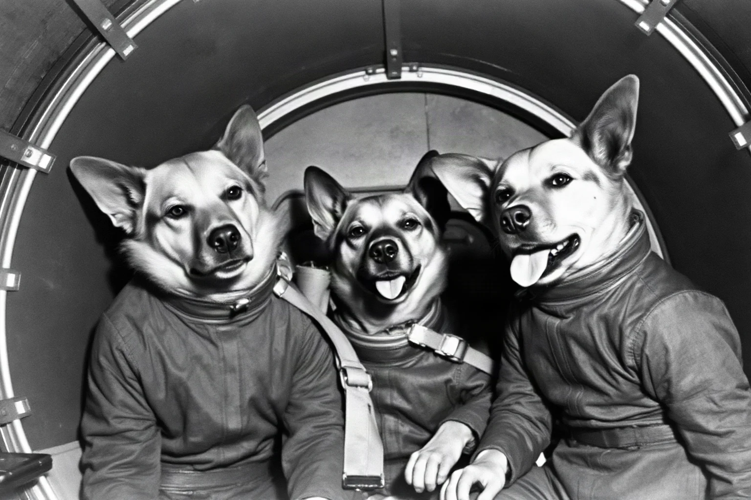 Soviet dogs in flight suits inside an R-1 rocket capsule, 1951