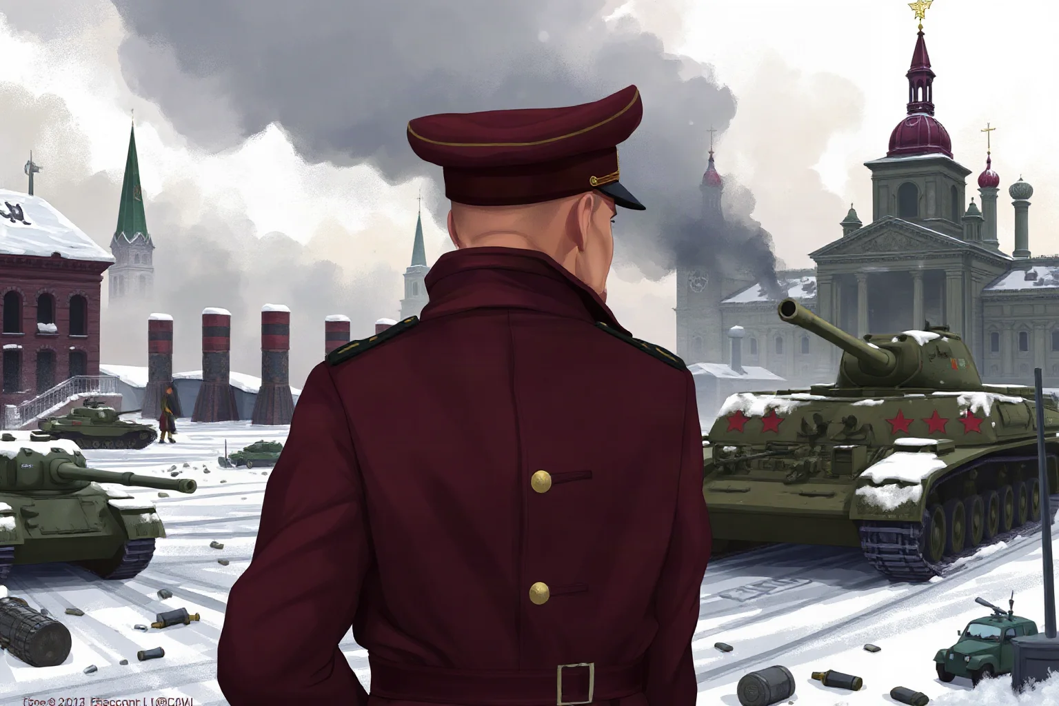 Soviet World War II marshal in a heavy greatcoat overlooking tanks in a snowy ruined city, illustrative historical style