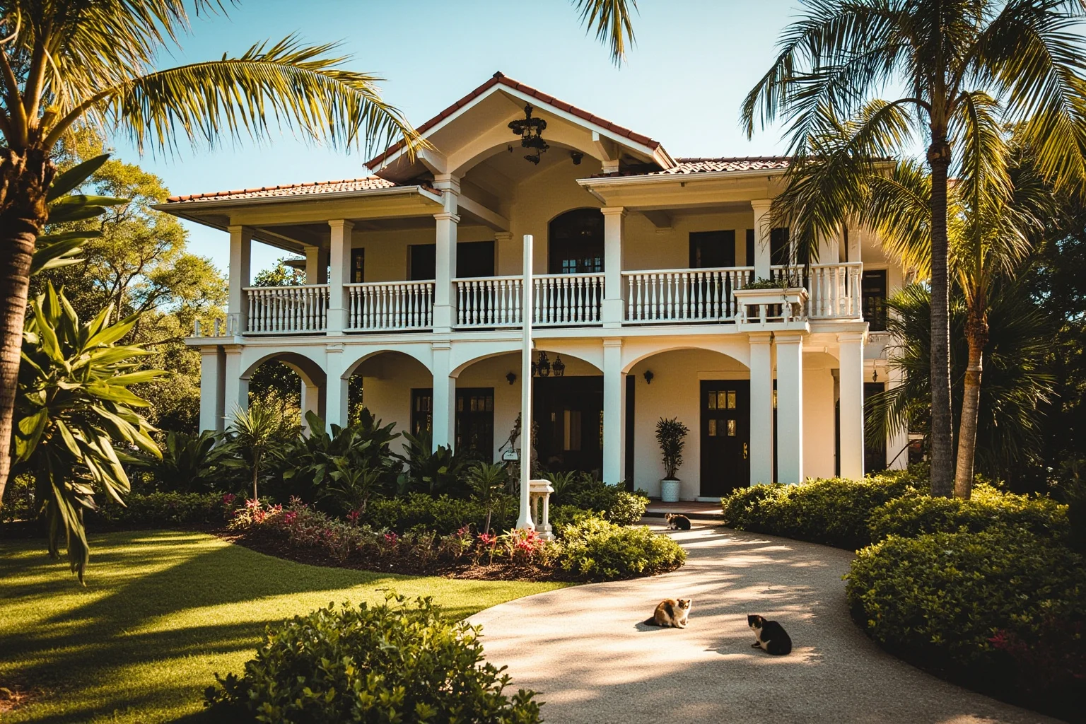 25 Famous American Historical Homes You Can Still Visit Today 17 Spanish Colonial-style tropical house with wraparound porches, palm trees, and cats lounging in a garden