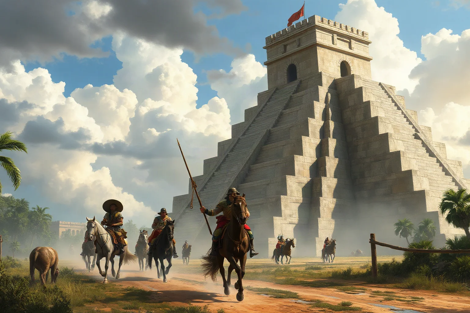 Spanish conquistadors and horses approaching a grand stone Mesoamerican city, illustrated historical style