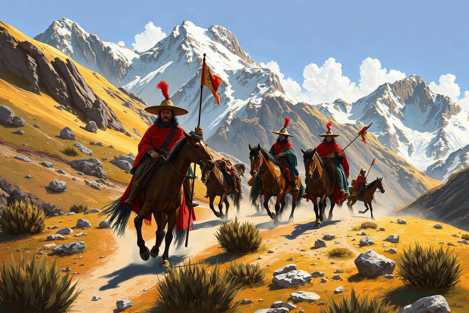 Spanish conquistadors marching through Andean mountain terrain, illustrated historical style