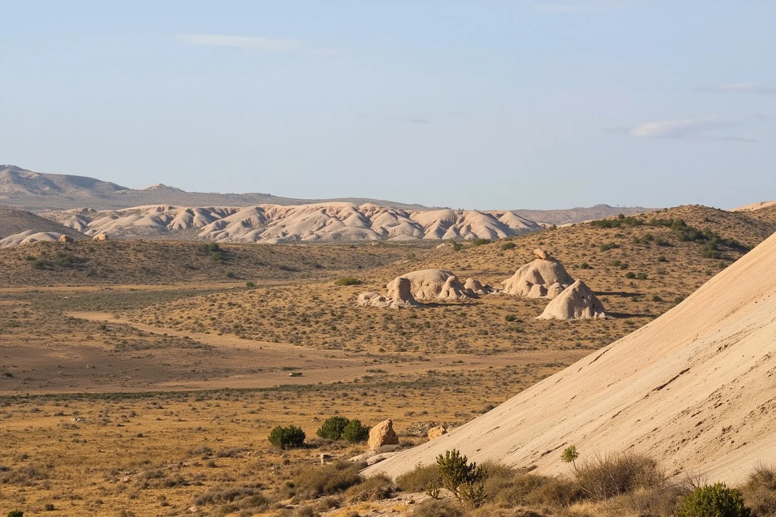 Spanish countryside with dry rolling hills and pale sedimentary rock formations
