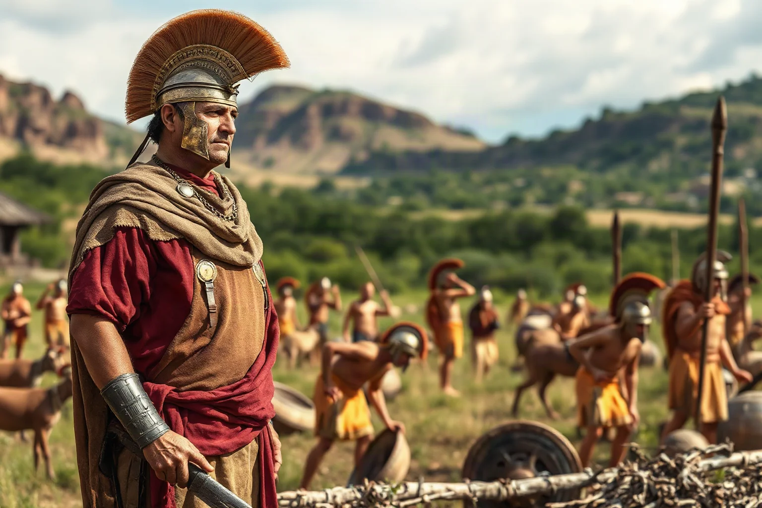 Spartan citizen in simple attire overseeing helots working the land, illustrating the strict class divide
