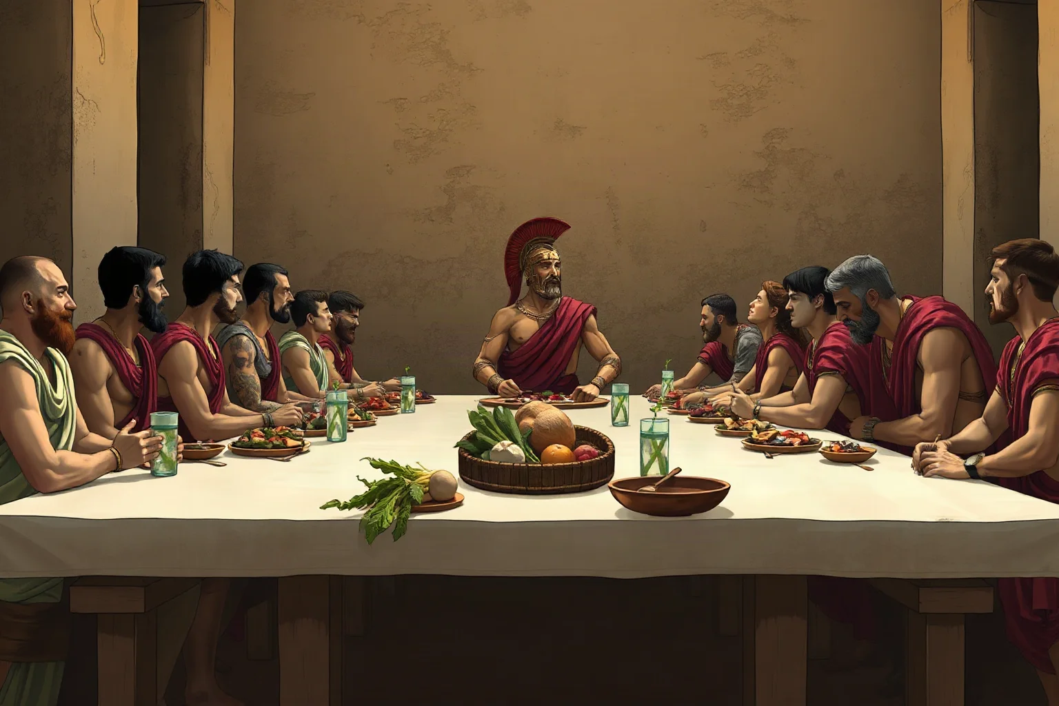 Spartan men seated together at a long communal table sharing a simple meal, syssitia scene