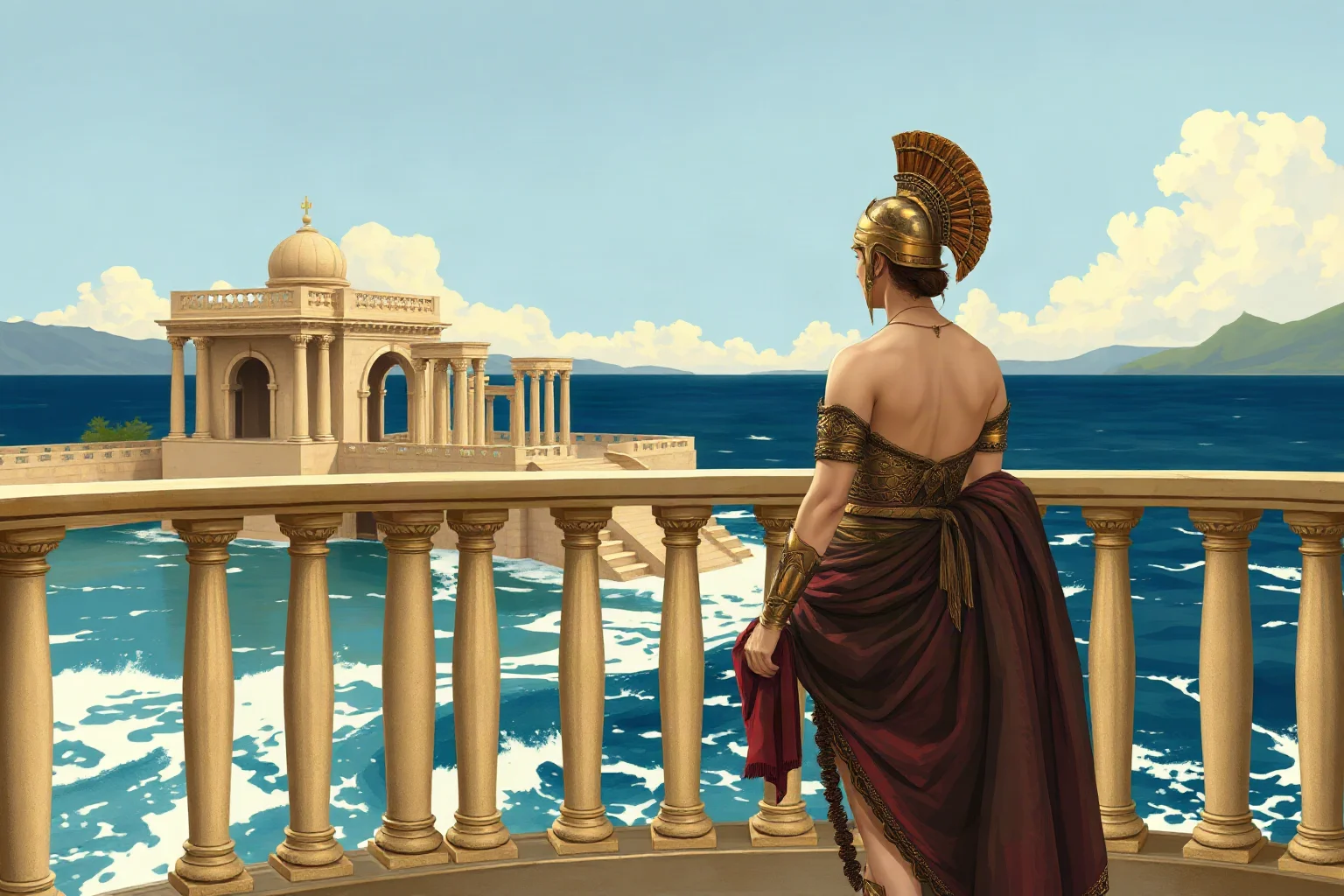 Spartan queen in armor-trimmed robes standing on a palace balcony overlooking the sea, classical illustration