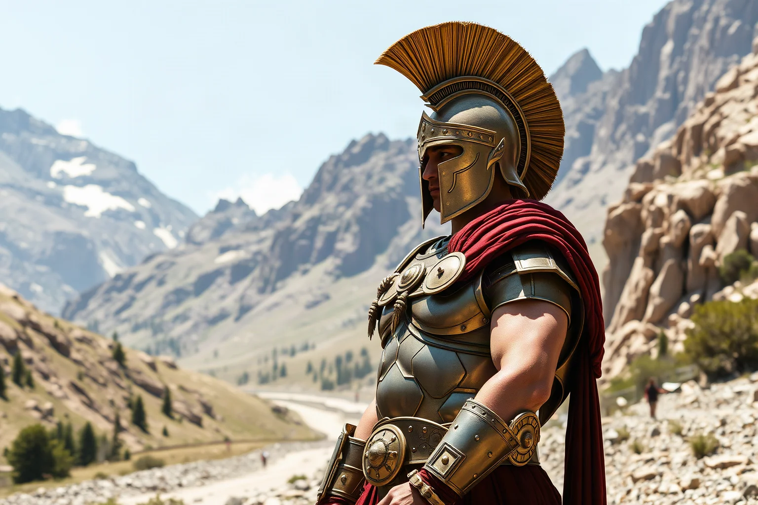 Spartan warrior king in bronze armor and crested helmet standing at a mountain pass