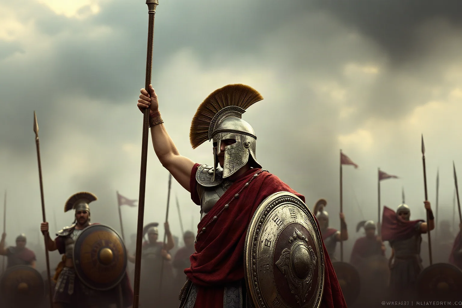 Spartan warrior raising a spear defiantly before an overwhelming army in the distance