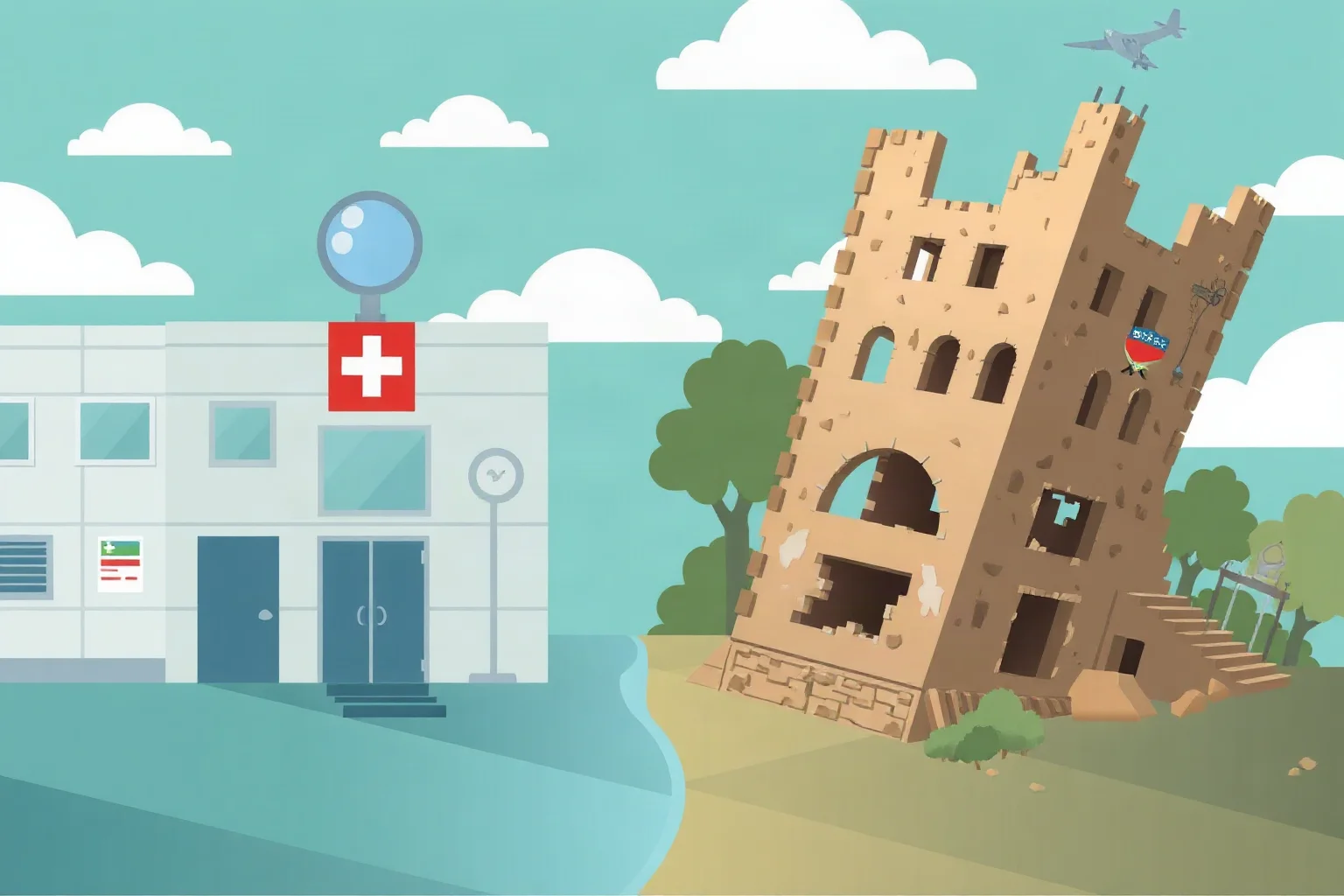 Split illustration contrasting a hospital scene with medical innovation on one side and a war-torn ruin on the other