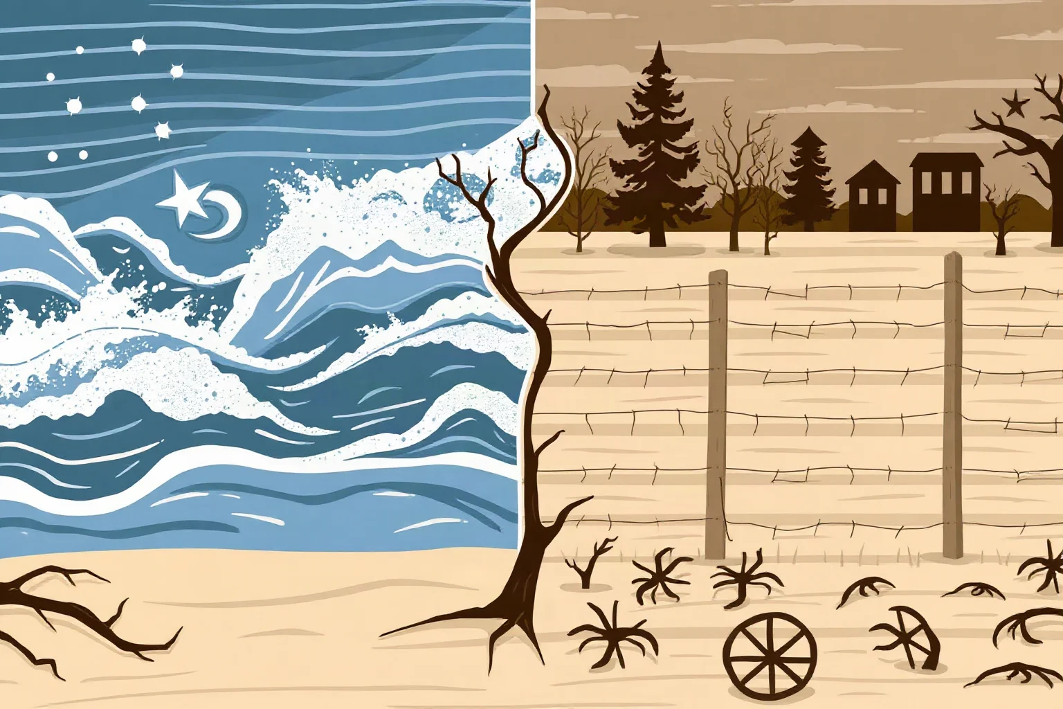 Split illustration contrasting a raging flood with the quiet devastation of a bare, harvested-free field