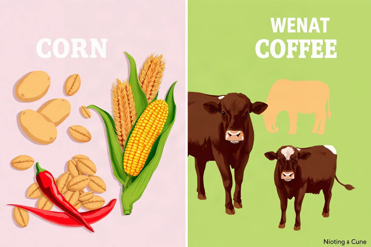 Split illustration showing potatoes, corn, and chili peppers on one side and wheat, coffee, and cattle on the other