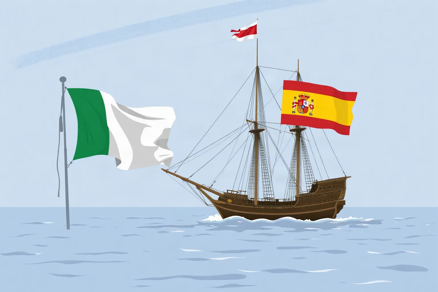 Split illustration showing the flags of Italy and Spain beside an old sailing ship on the ocean