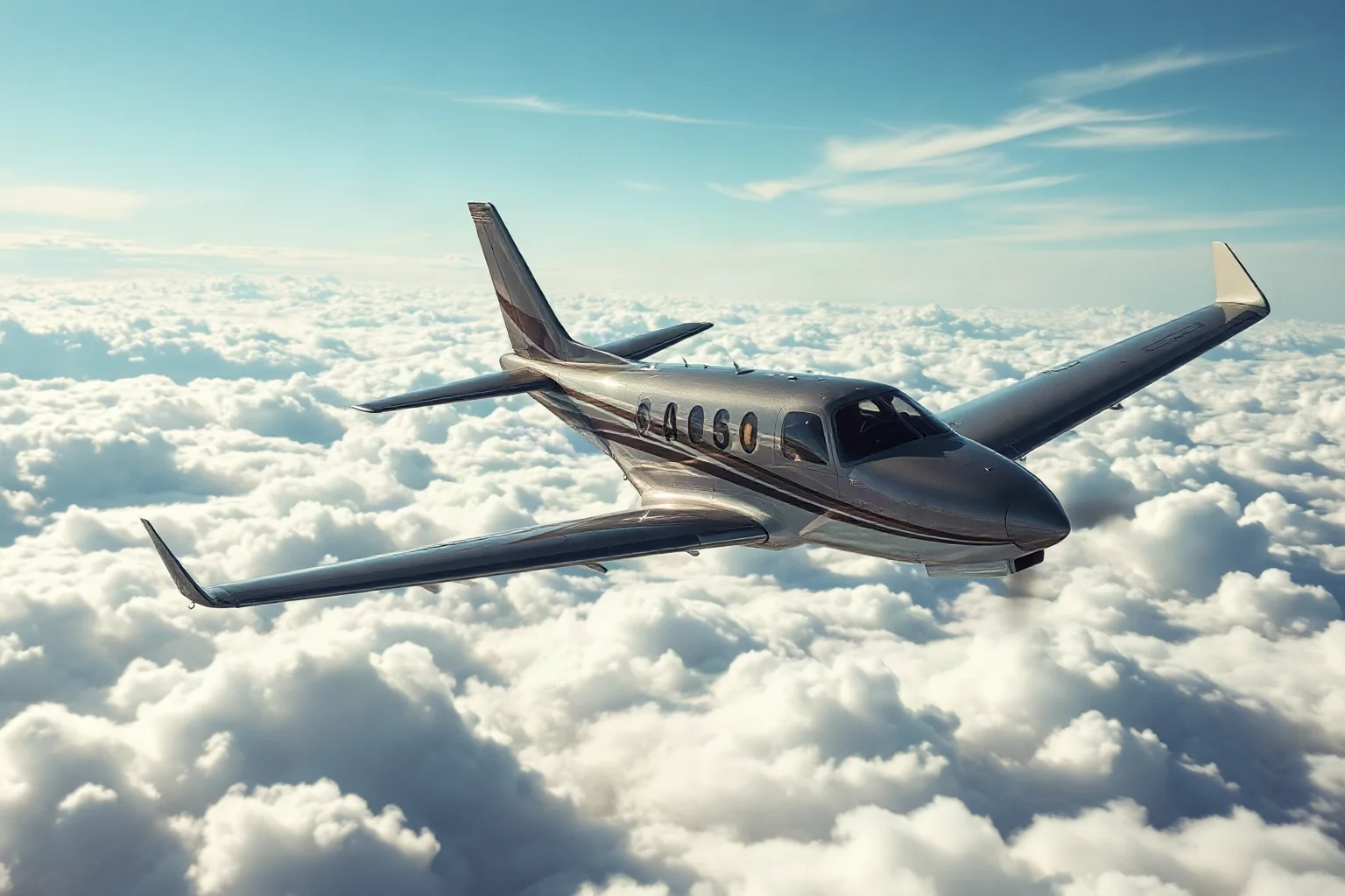 Split image concept of a small private jet flying calmly above clouds evoking a similar historical incident