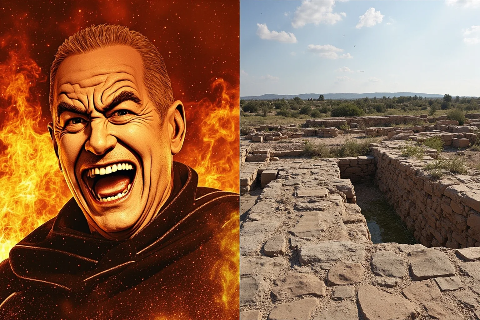 Split image contrasting a dramatic sensational illustration with a calm, accurate archaeological scene
