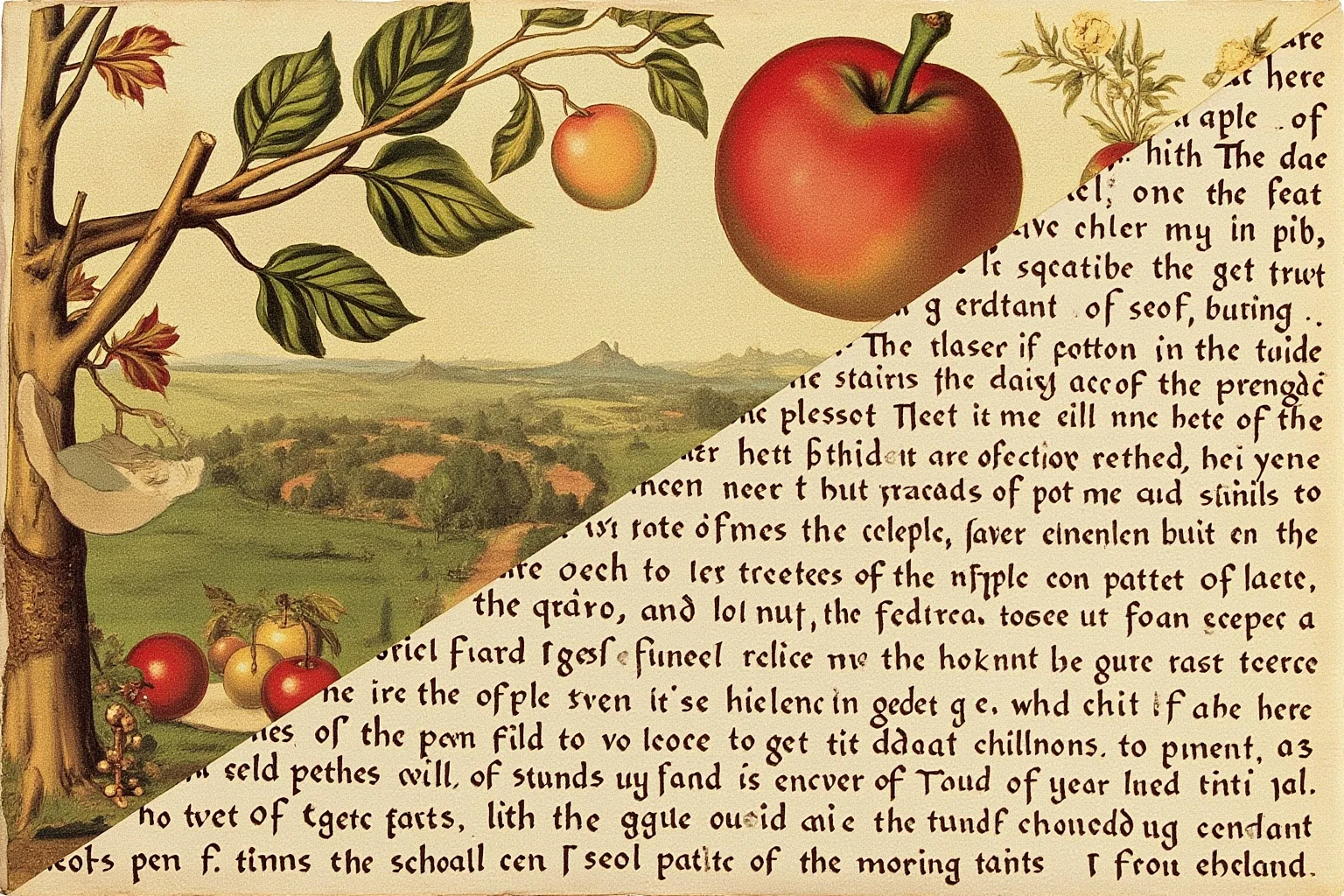 Split image contrasting a folk-art apple and Eden garden imagery with plain ancient text
