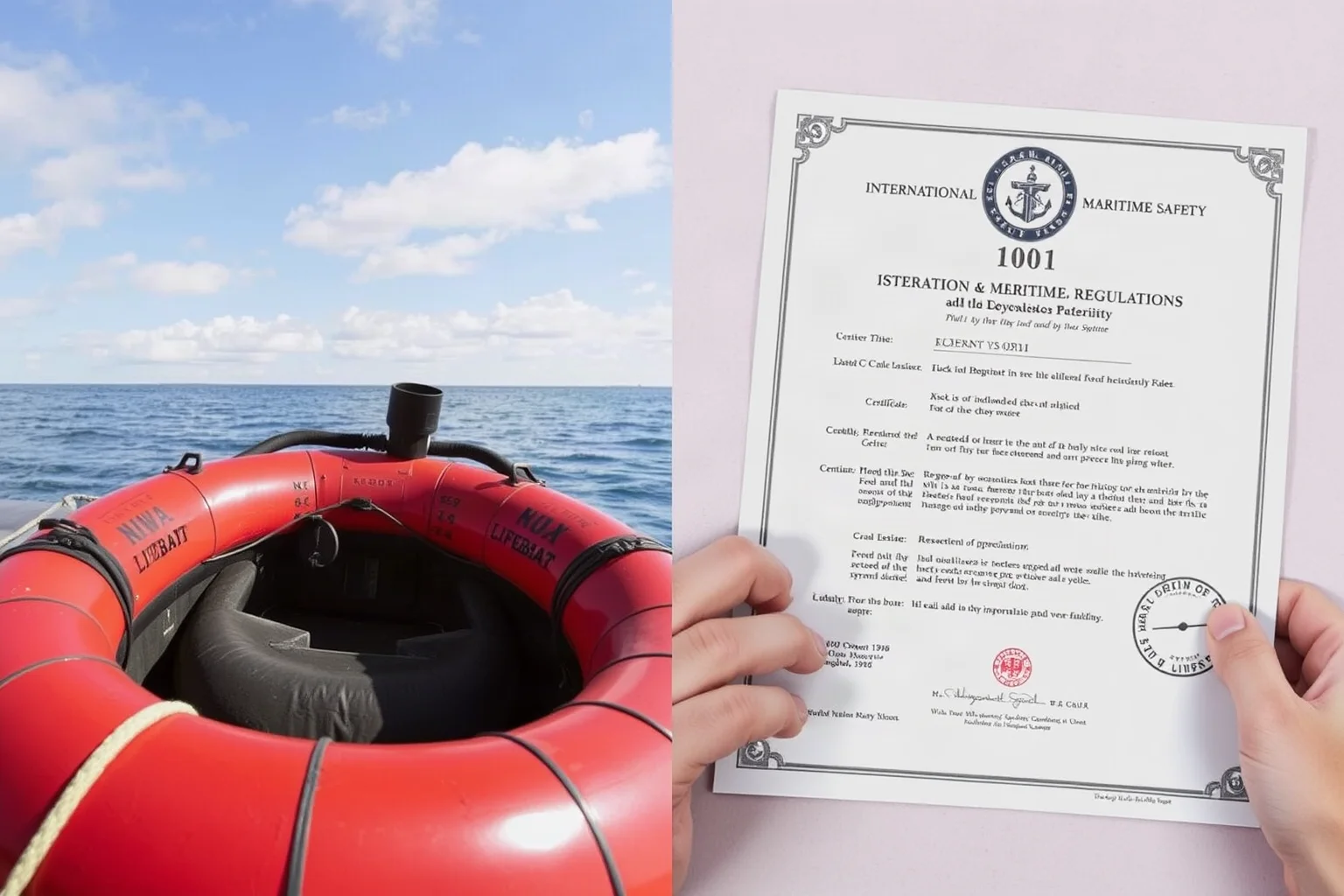 Split-image illustration contrasting an old lifeboat regulation document with a modern international maritime safety certificate