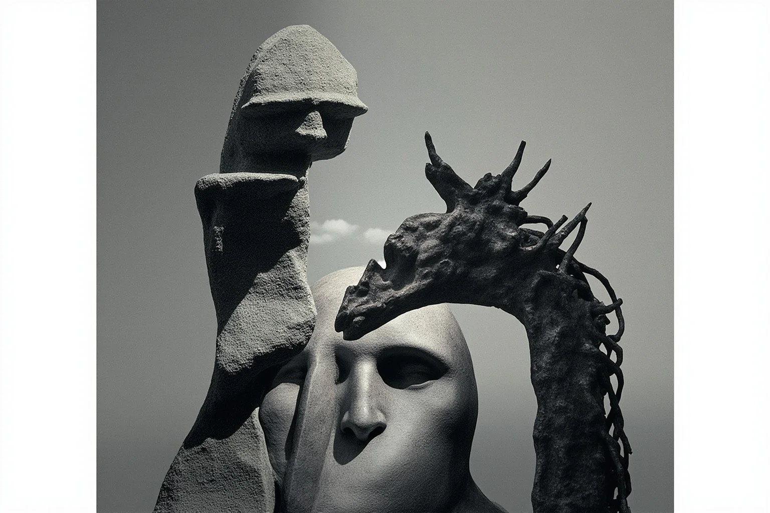 Split-image style contrast between a classical marble statue and a jagged abstract bronze sculpture