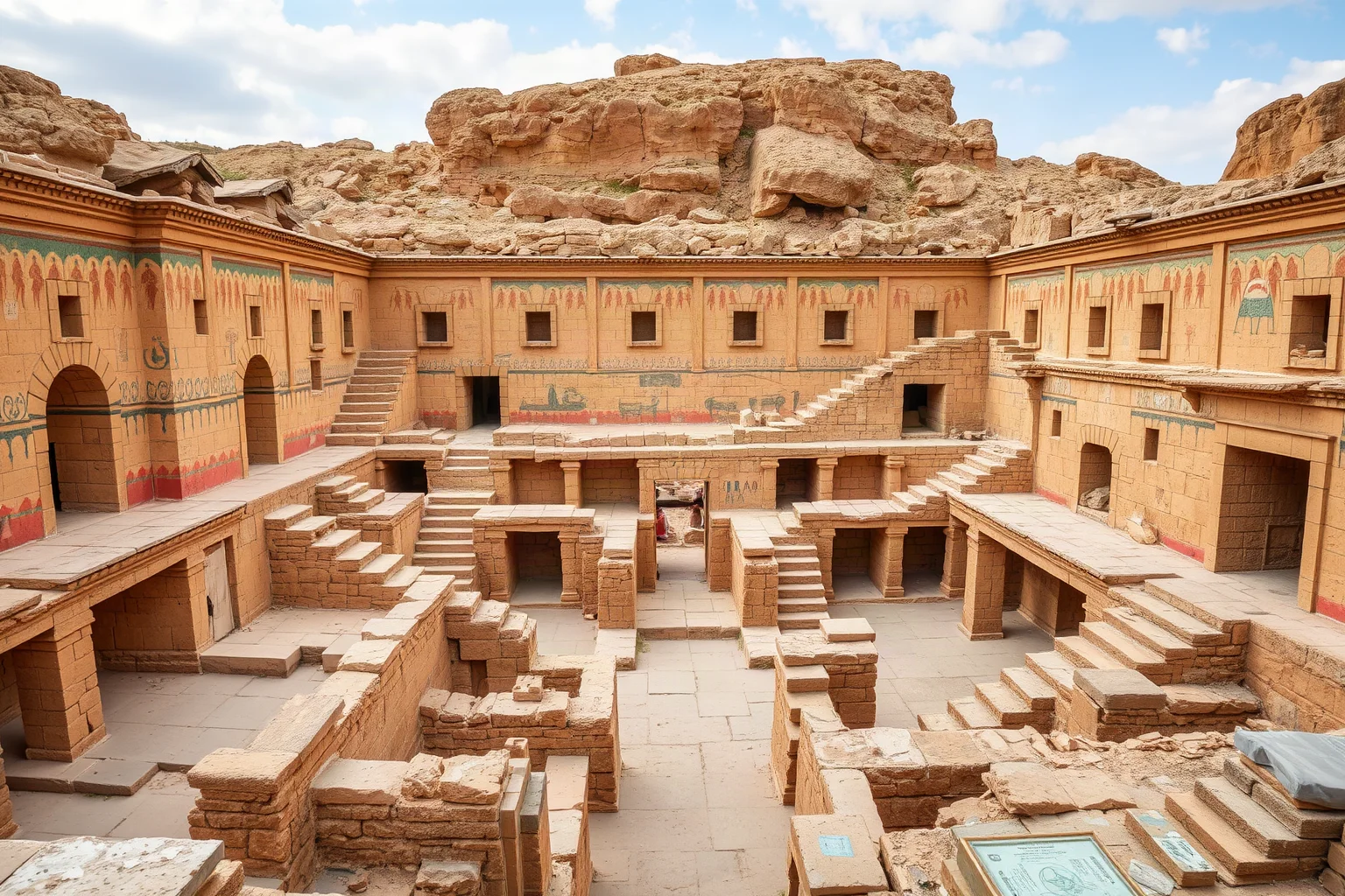 Sprawling ancient Bronze Age palace ruins with colorful faded frescoes and multi-level stone corridors
