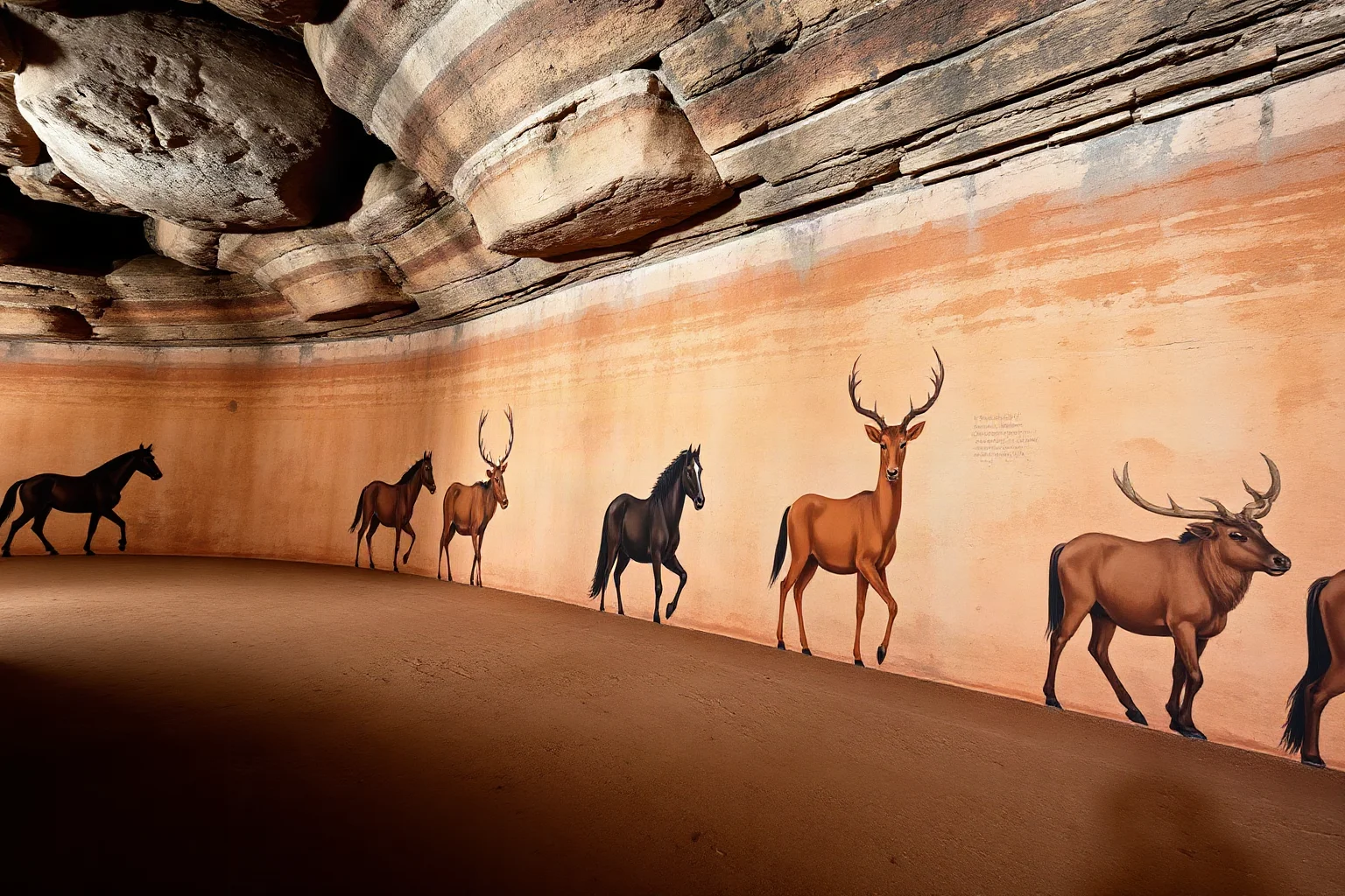 Sprawling cave gallery with painted herds of horses, deer, and aurochs in earth tones and ochre pigments on stone walls