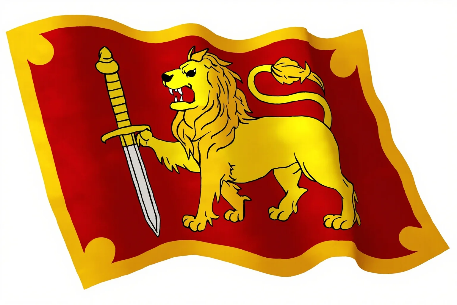 Sri Lanka's lion flag with sword, depicted in a traditional royal banner illustration style