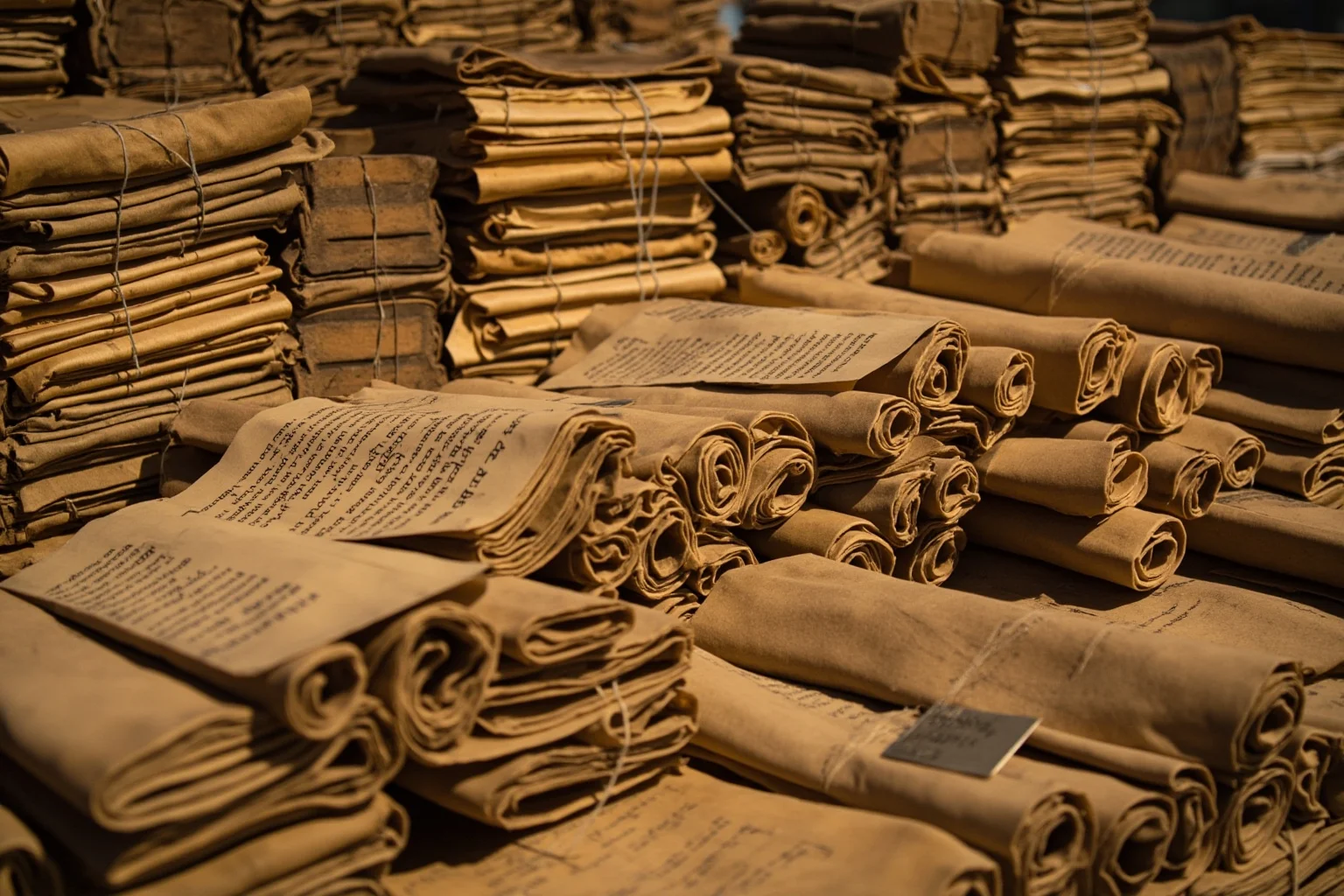 Stack of enormous ancient scrolls bound together, showing their substantial physical size