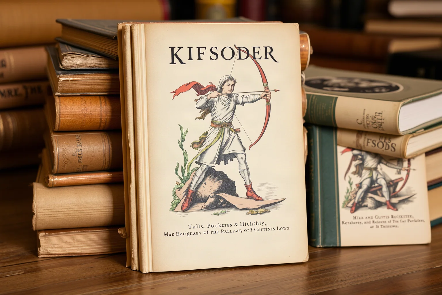 Stack of old books from different centuries showing evolving cover illustrations of a legendary archer