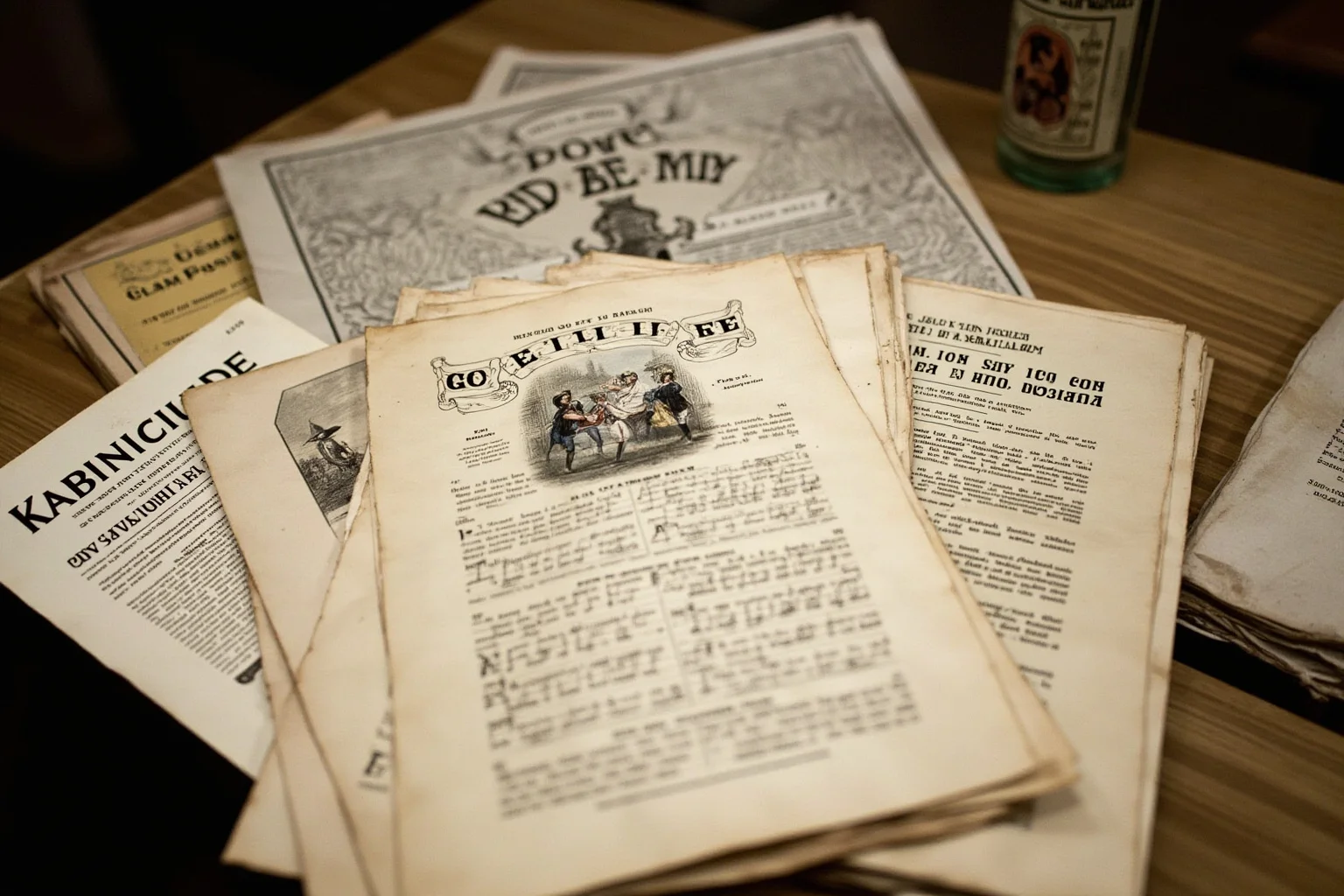 Public Executions Were Once The Most Attended Events In Town — Here's What That Says About Us 13 Stack of old printed broadside pamphlets and ballad sheets on a wooden table, historical illustration