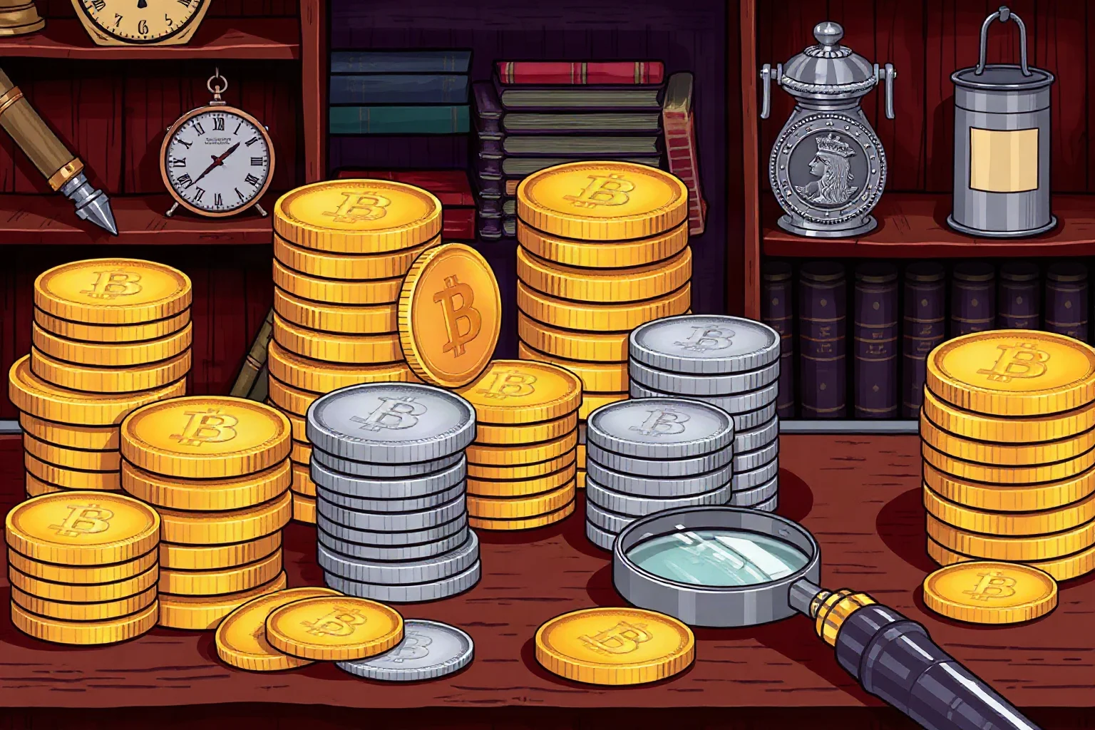 Stacks of gold and silver coins and a magnifying glass on a wooden desk in an old English mint office, illustration style