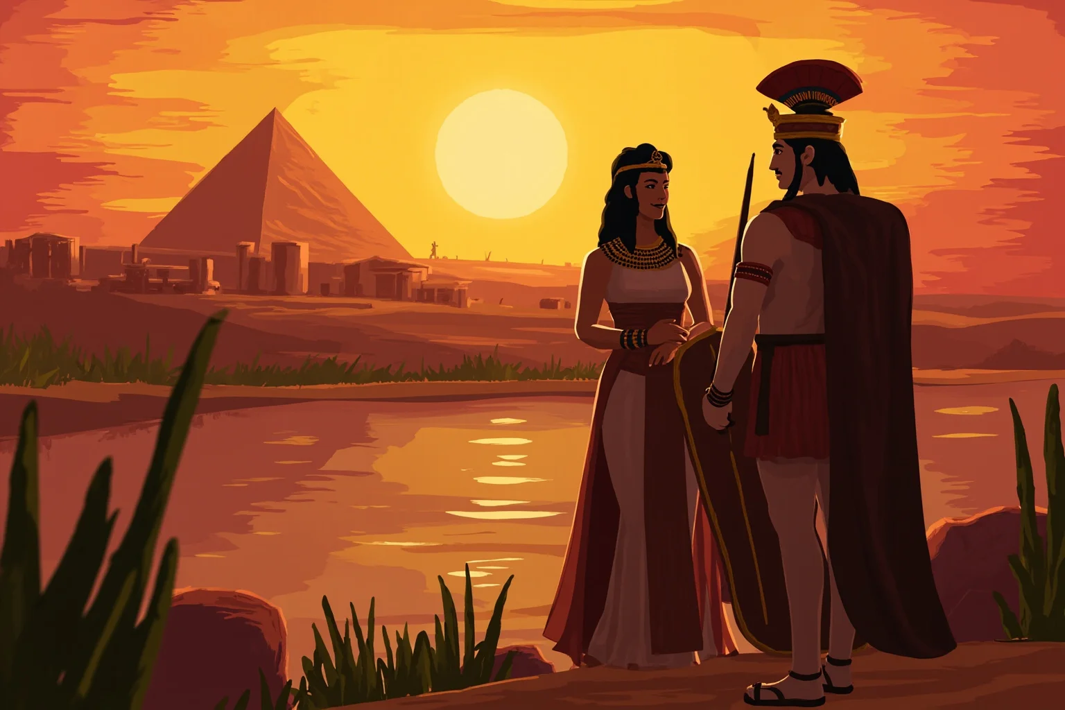 Star-Crossed Lovers: The 22 Greatest Historical Romances Ever 2 Illustrated scene of an ancient Egyptian queen and a Roman general standing together near the Nile at sunset, historical art style