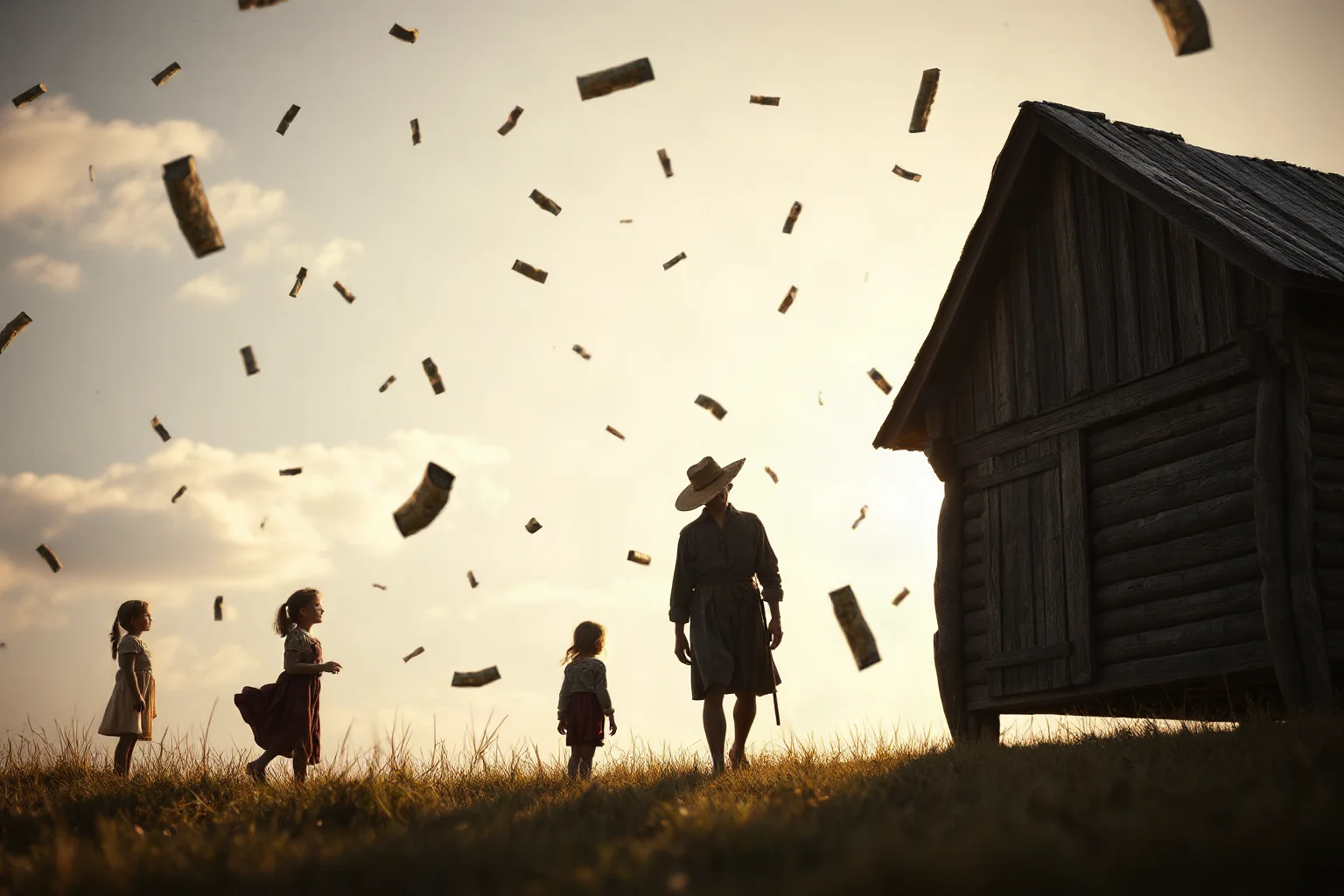 Startled 19th-century farm family looking up at a clear sky with strange debris falling near their farmhouse