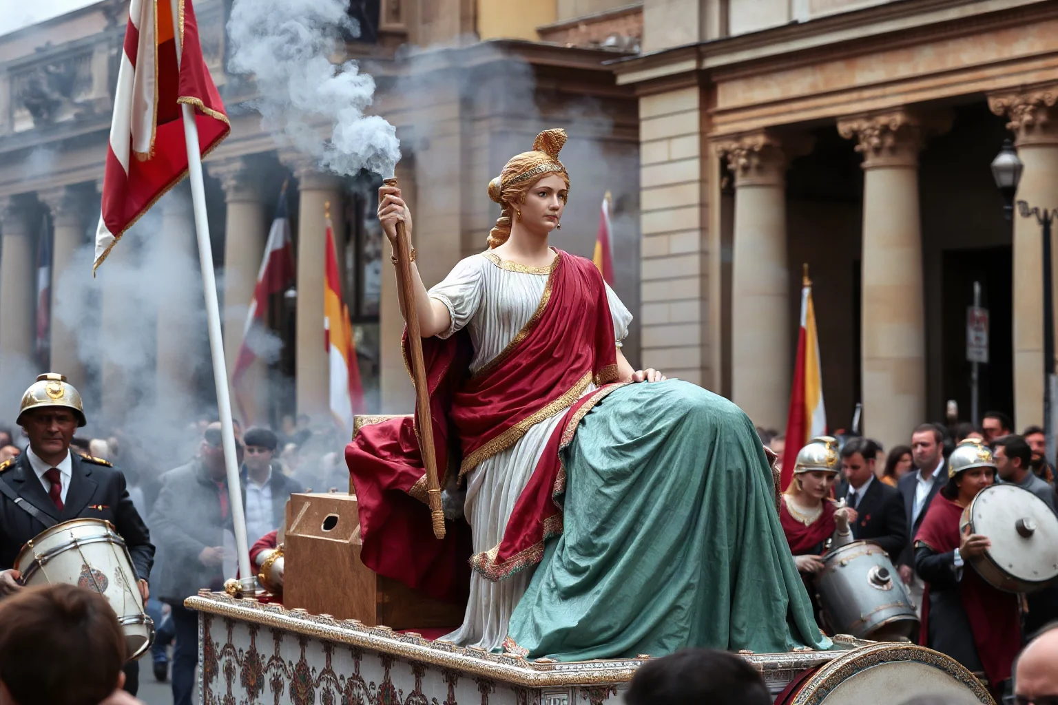 Statue of the goddess Cybele carried in a Roman procession with drums and incense