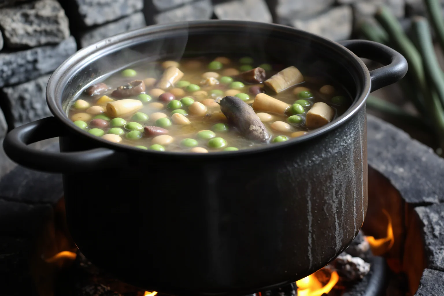Steaming pot of thick medieval pottage with visible peas, beans, and root vegetables simmering over a hearth fire
