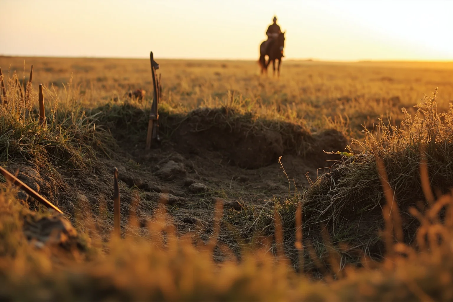 Myths That Defined Cultures: 20 Legends Born From True Events 8 Steppe grassland burial mound excavation with ancient weapons and a horse-riding warrior silhouette in the background
