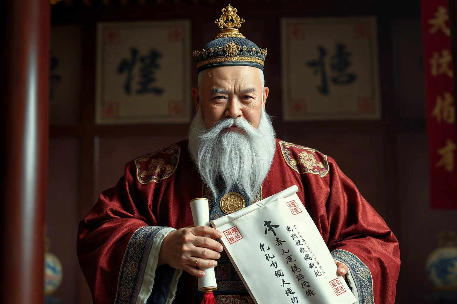 Stern ancient Chinese chancellor in formal court robes holding official seals and scrolls