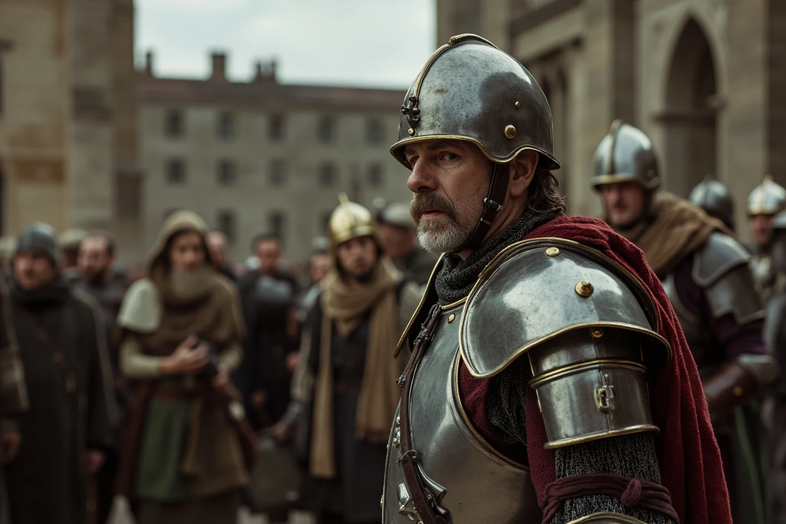 22 Most Notorious Knights From History: Heroes, Villains, and Legends 20 Stern armored administrator-knight overseeing a tense medieval town square confrontation