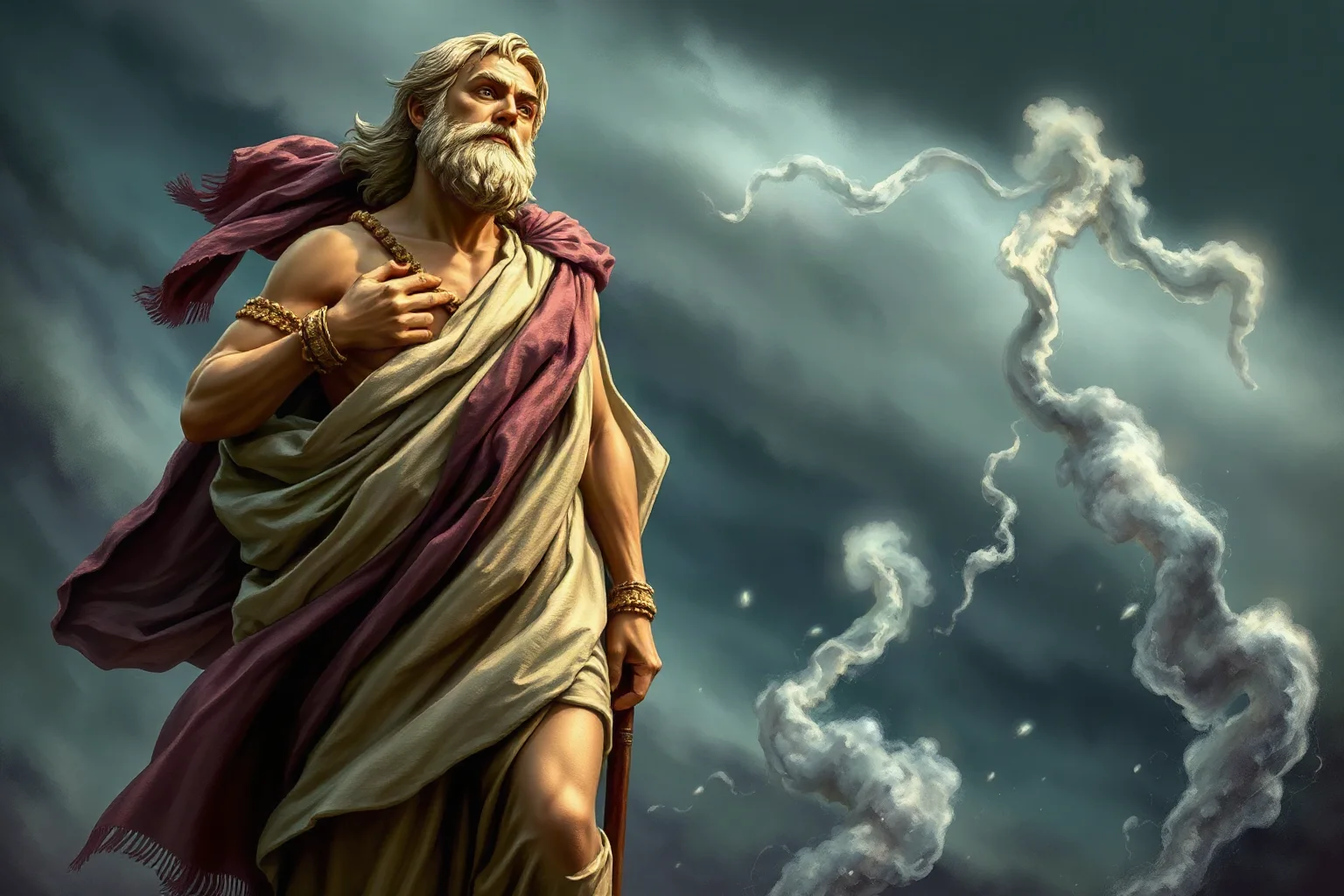 Stoic ancient philosopher standing calmly amid a storm, robes blowing, serene expression, classical art style