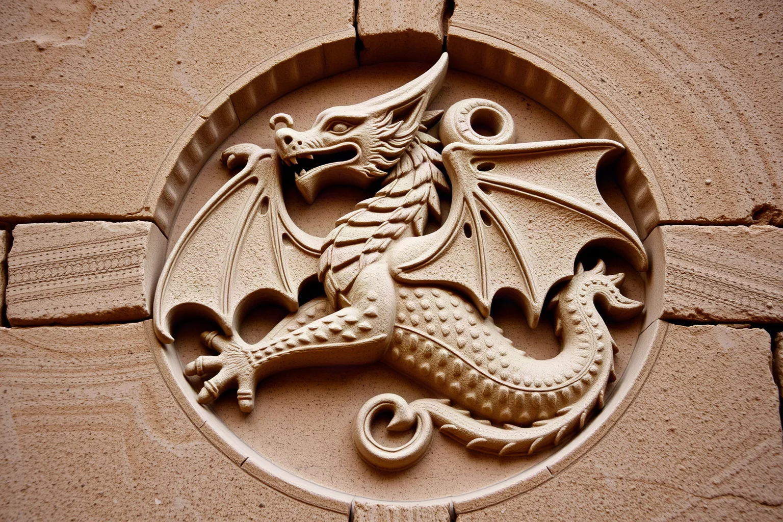 Stone cathedral relief carving of a dragon representing chaos and evil, medieval religious symbolism