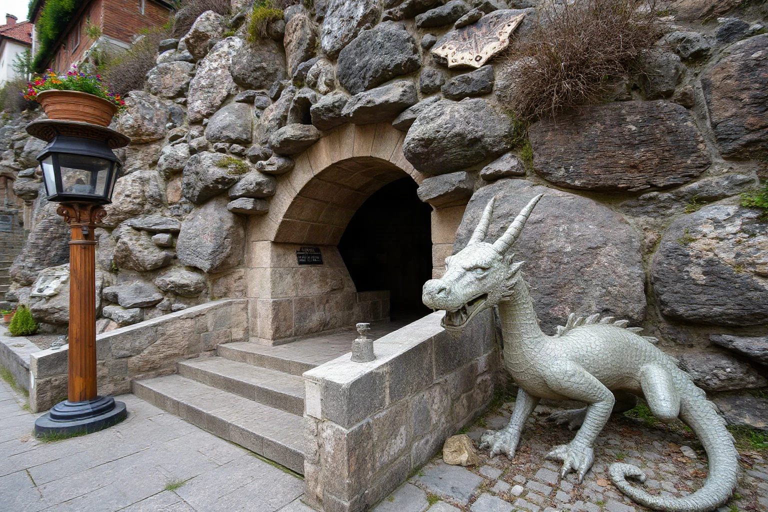 Stone cave entrance on a hillside in a European medieval town, dragon sculpture nearby, Krakow Wawel Hill inspired