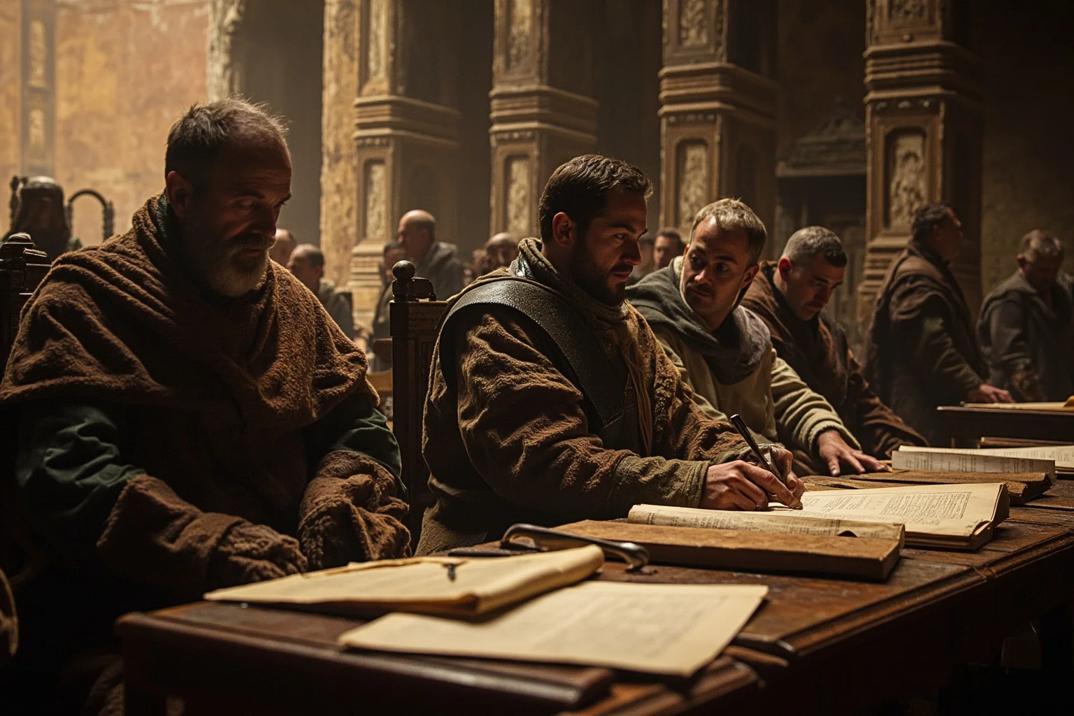 Stone courtroom or throne room with scribes and nobles, focusing on legal documents and codified law books on tables