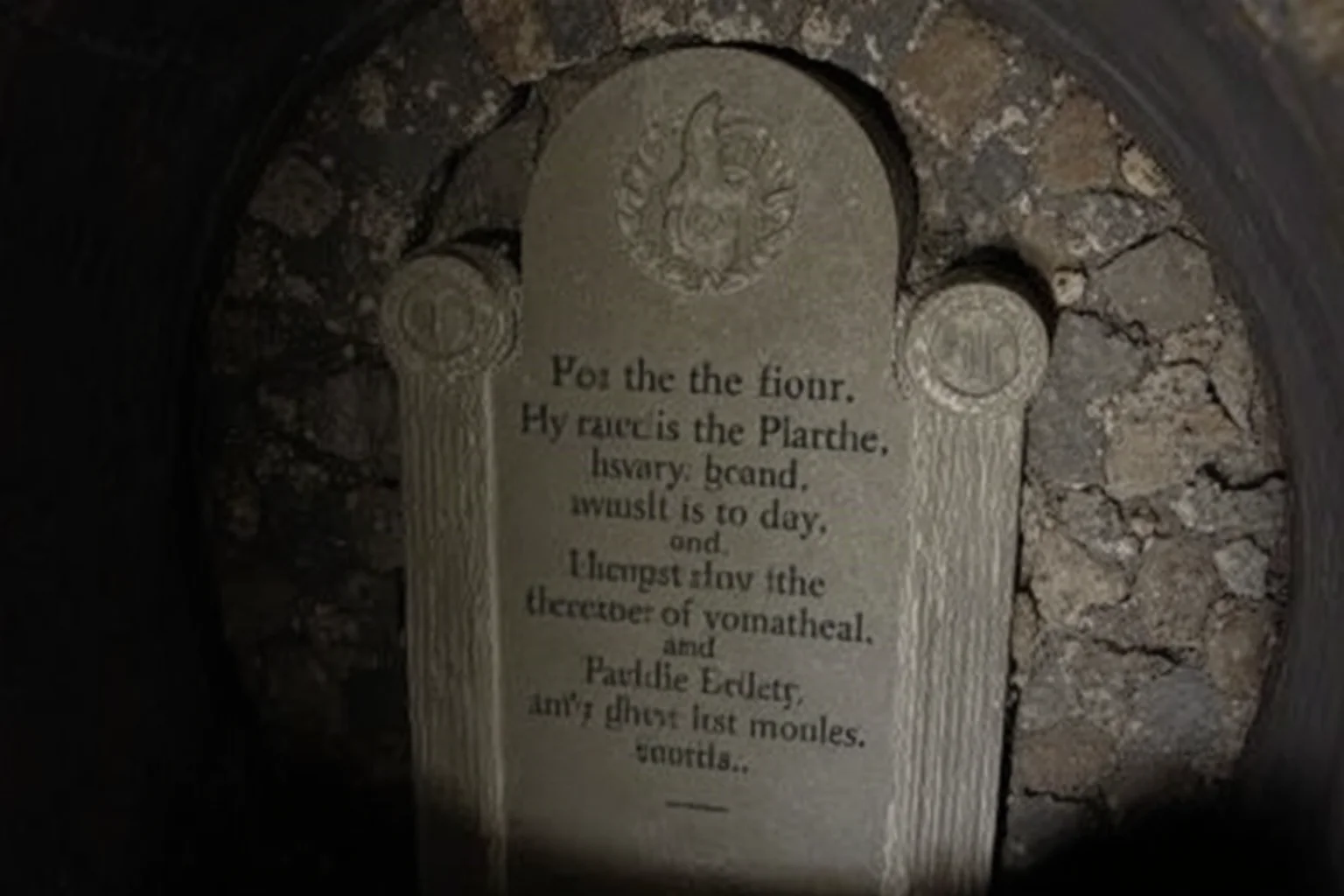 Stone epitaph or carved inscription in an underground chamber with a quote about mortality and memento mori themes