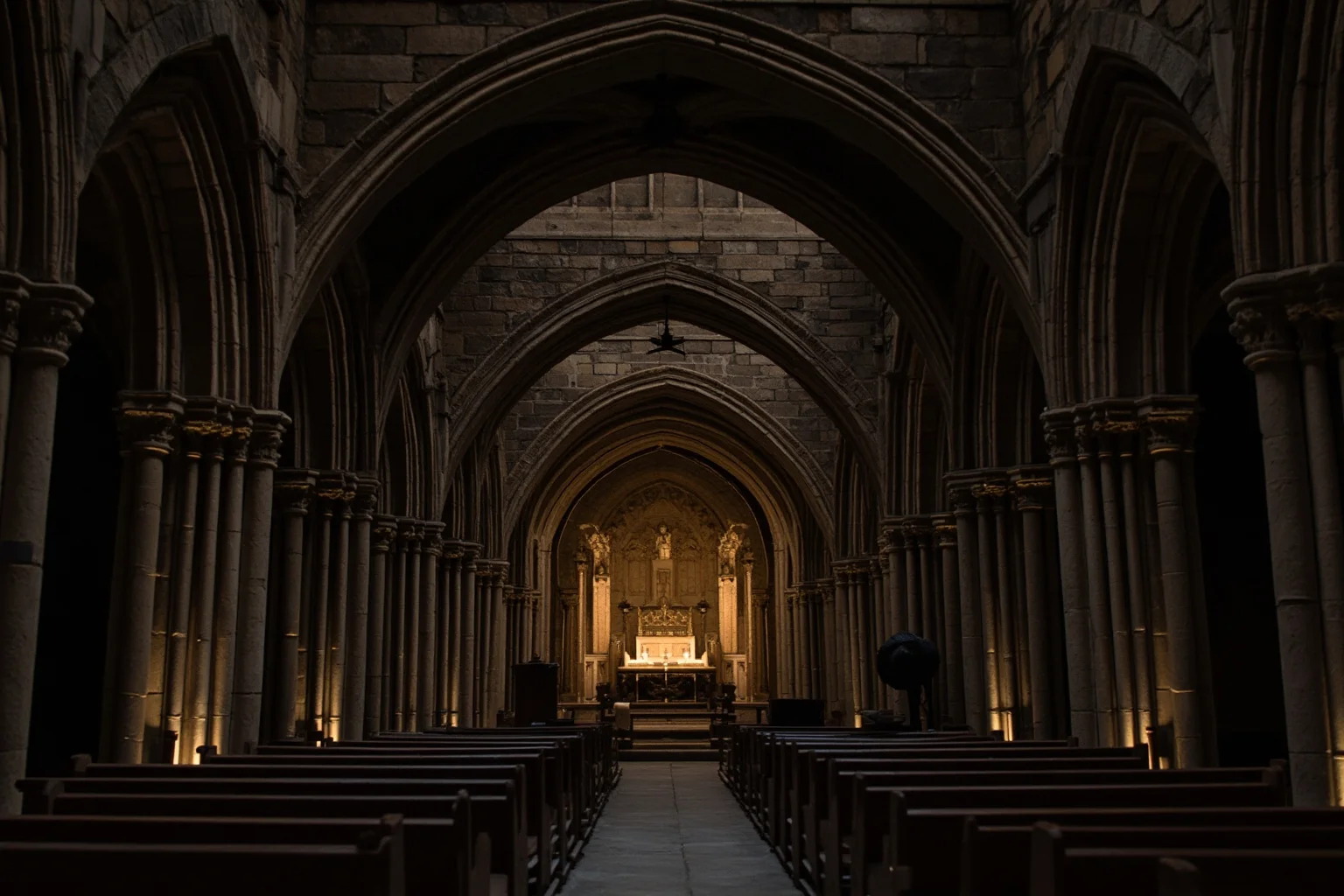 Stone interior of a cathedral with gothic arches, candlelit altar in the distance, suggesting a historical religious conflict